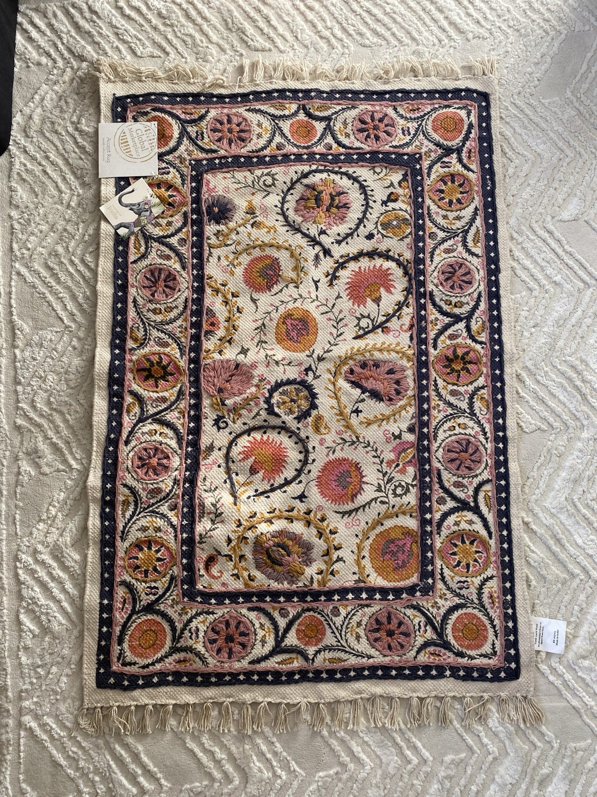 NWT Anthro-style Embroidered Floral Cotton Accent Rug 27”x42”