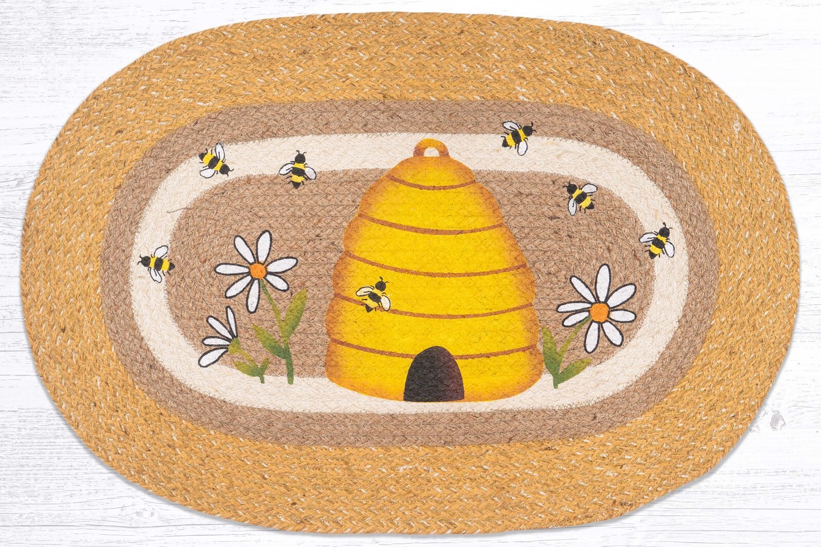 Braided Rug 20 x 30 inch Beehive Bees Daisies Country Decor Earth Rugs 100% Jute