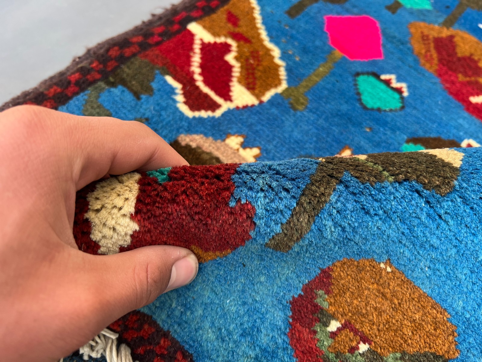 2’1 x 2’8 Ft Colorful Afghan War Rug – Opium Trade Pictorial Design Blue Field