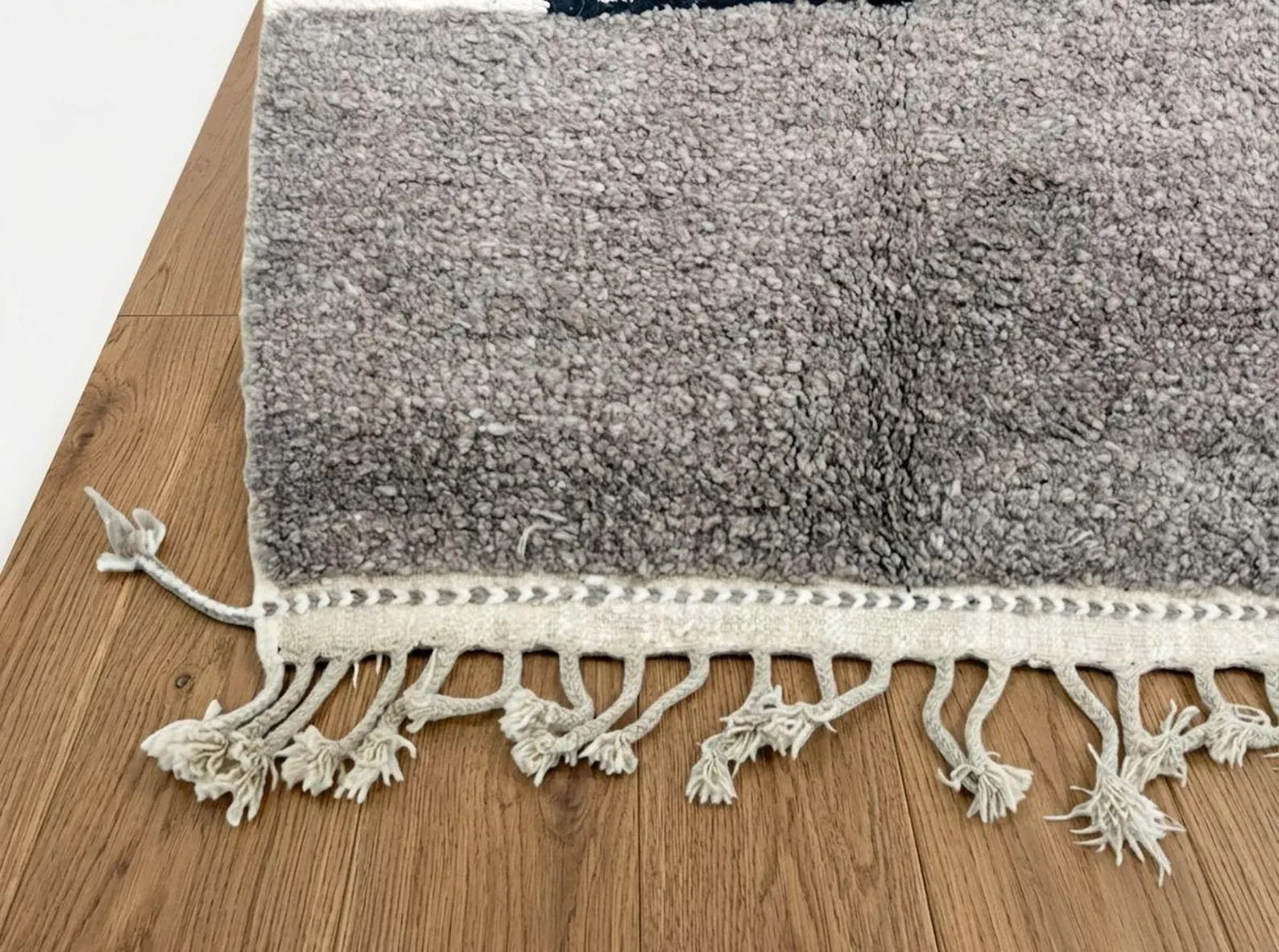 Handmade Beni Ouraina Rug Moroccan Berber Wool Carpet Black Ivory Tribal Design