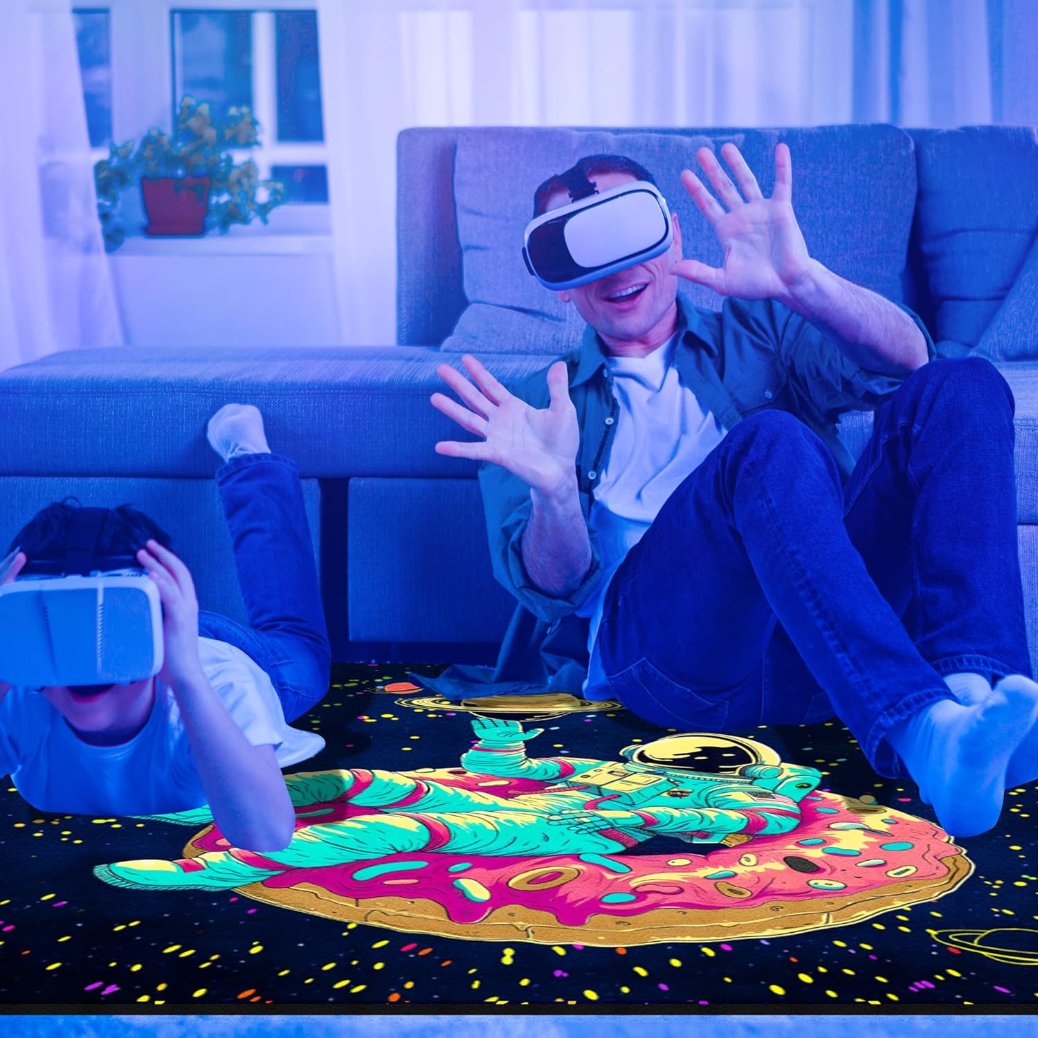 Astronaut Area Rug Black Light, Large UV Reactive Glow in the Dark Space Rug, No