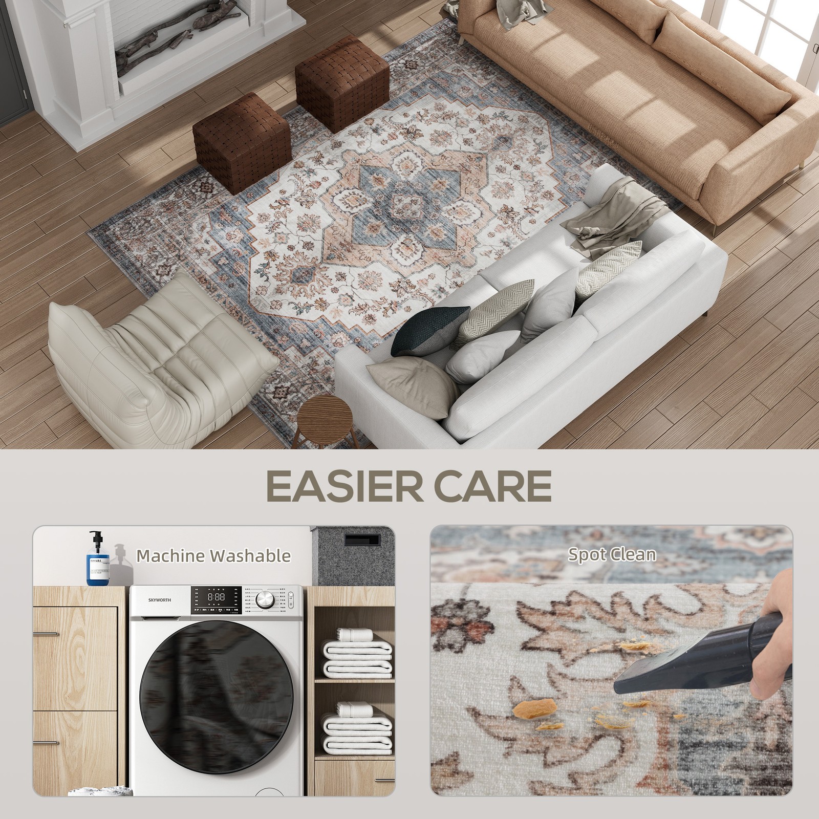 5×7 Area Rug, Vintage Machine Washable Rug for Bedroom, Brown and Blue