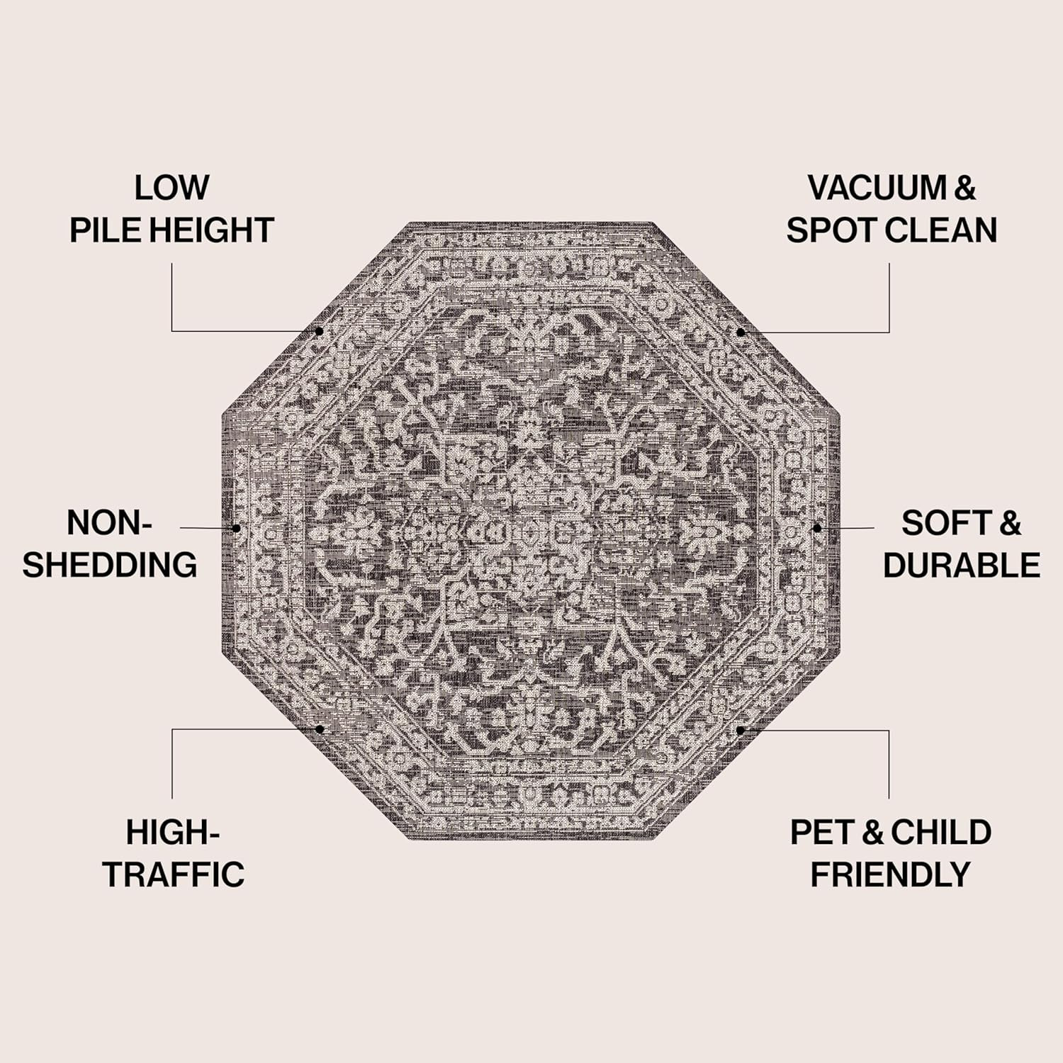 Boho Medallion 8ft Octagon Area Rug – Black/Gray, Pet-Friendly, Easy-Clean