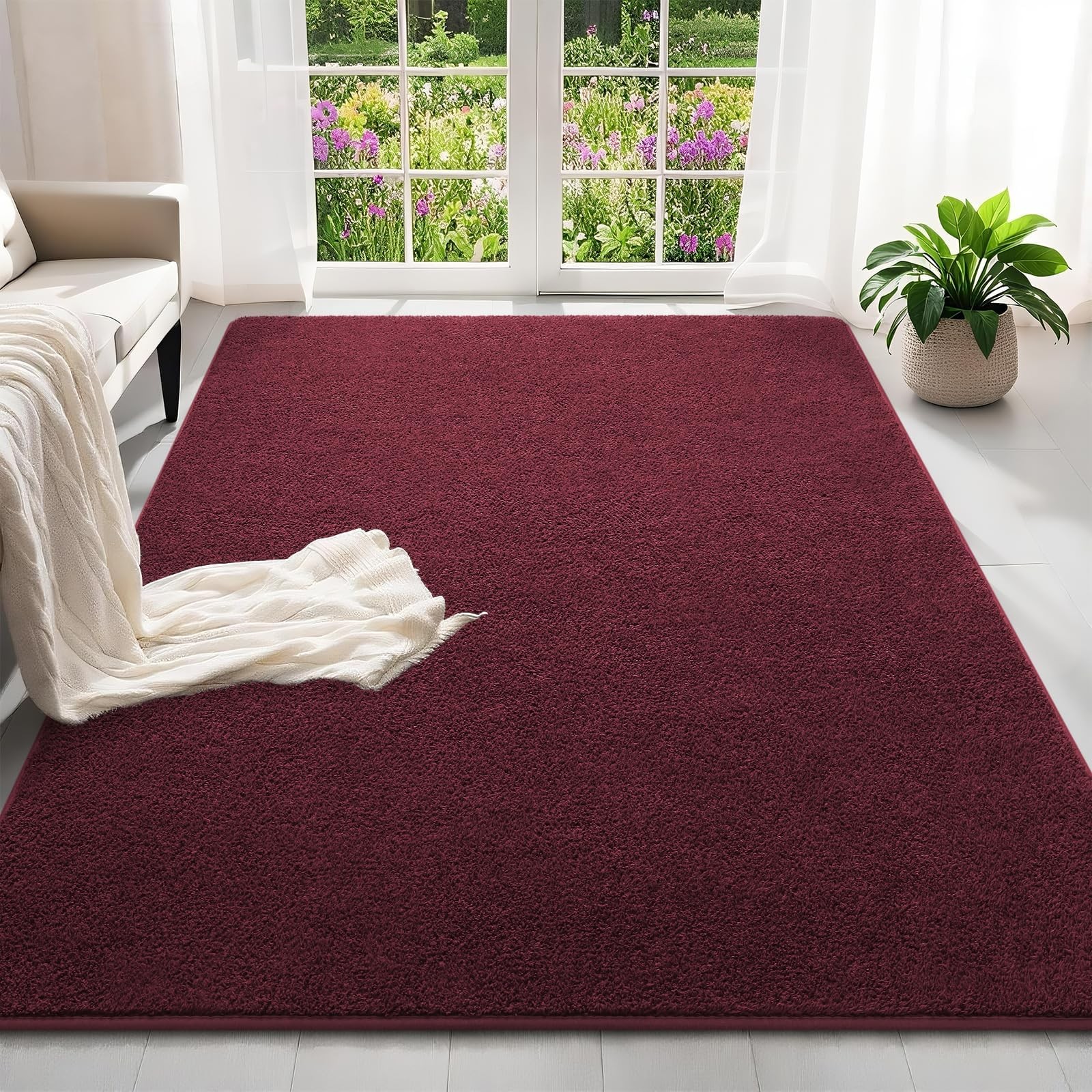 5×7 Feet Burgundy Area Rugs for Bedroom, Indoor Washable Memory Foam Rug for …