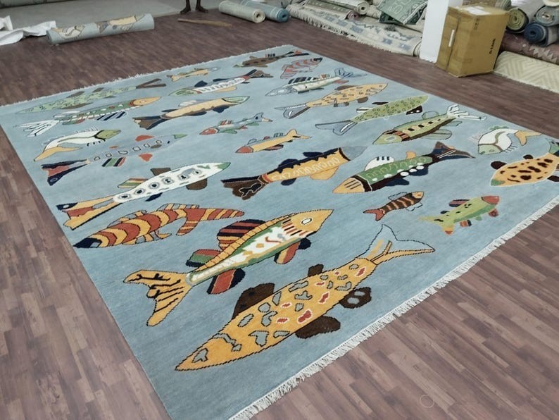 Hand-Knotted Blue Rug with Colorful Fish Coastal Beach House Decor Nautica Rug.