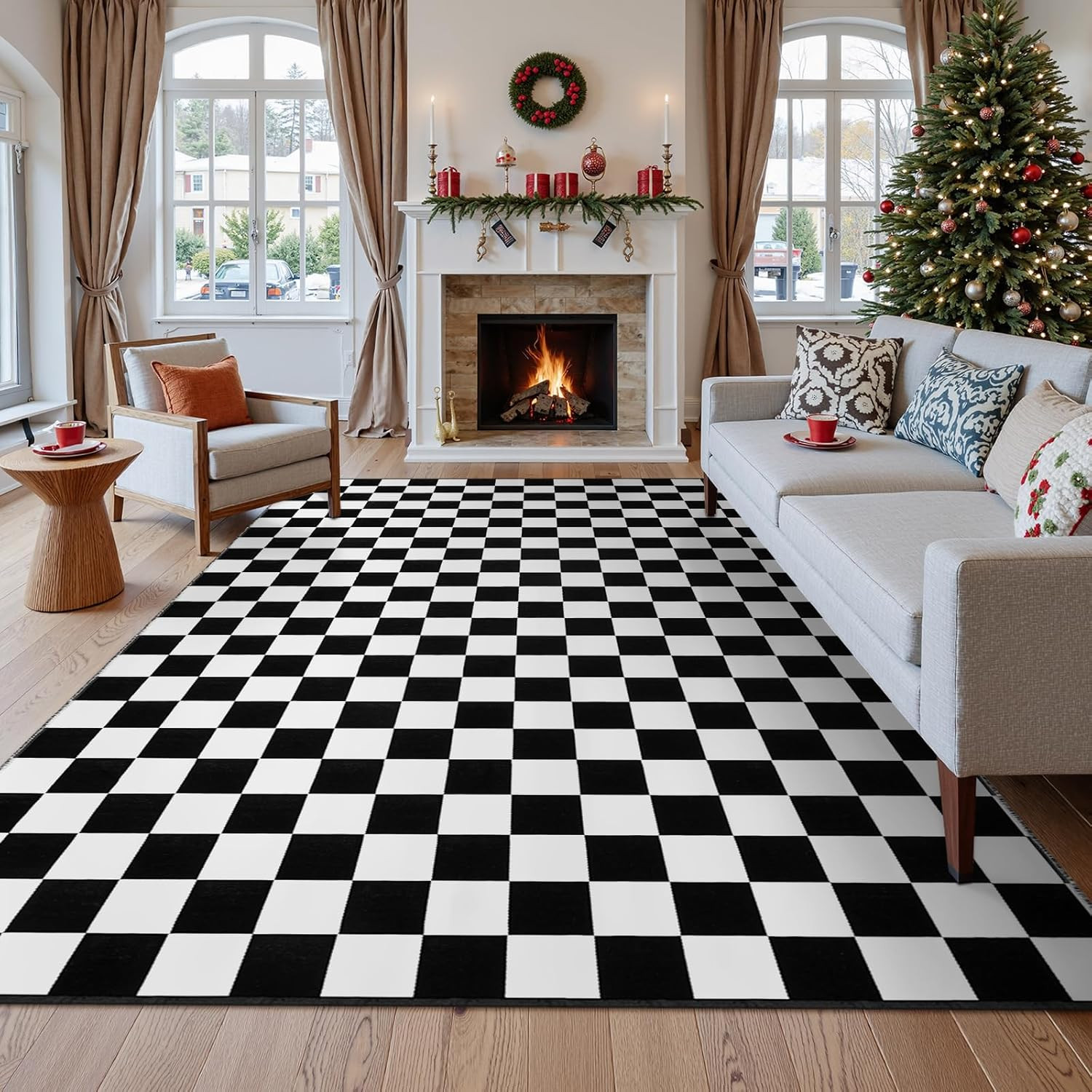 Black and White Checkered Rug 5×8 Ft – Washable Retro Moroccan Design