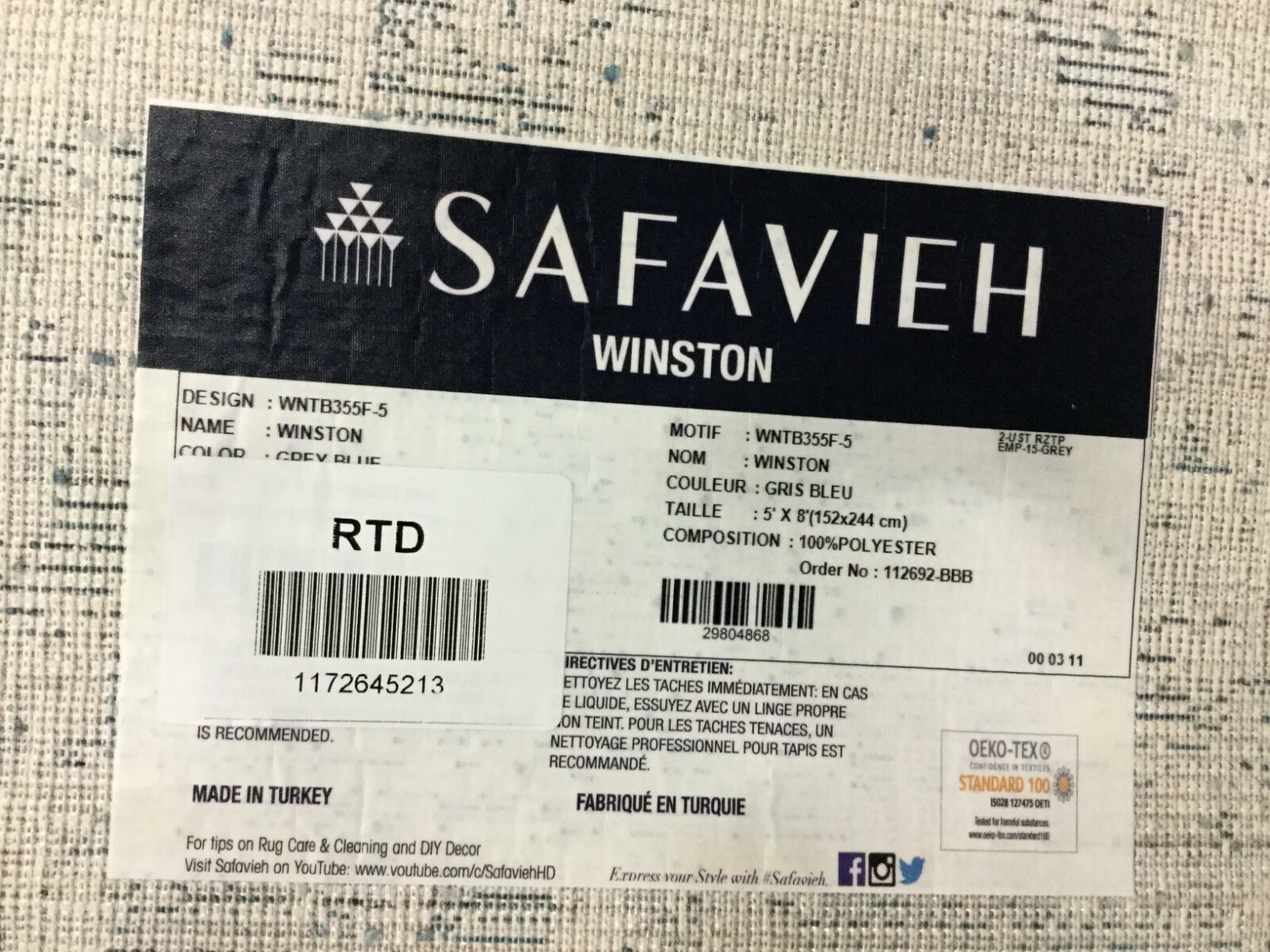 GREY / BLUE 5′ X 8′ Stained Rug, Reduced Price 1172645213 WNTB355F-5