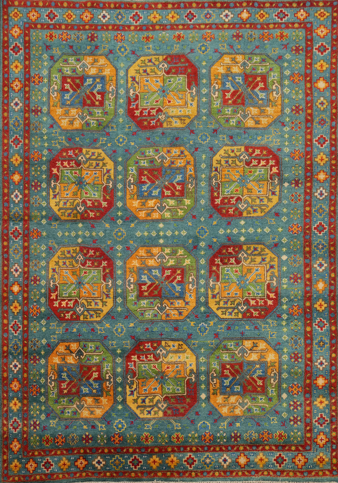 Handmade Green / Teal Traditional Wool Geometric Kazak Style Area Rug 8×10 Ft