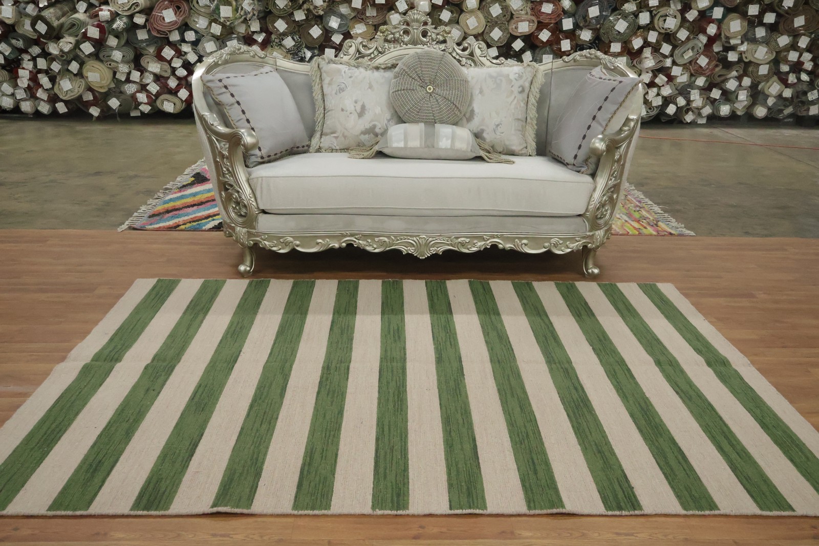 Chic Green/ Ivory Striped Area Rug 5×8 Hand-knotted Wool Modern Style Carpet