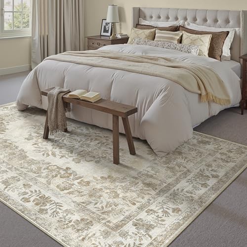 5×7 Area Rug Beige Washable Vintage 5′ x 7′ (Rectangular) Floral Beige