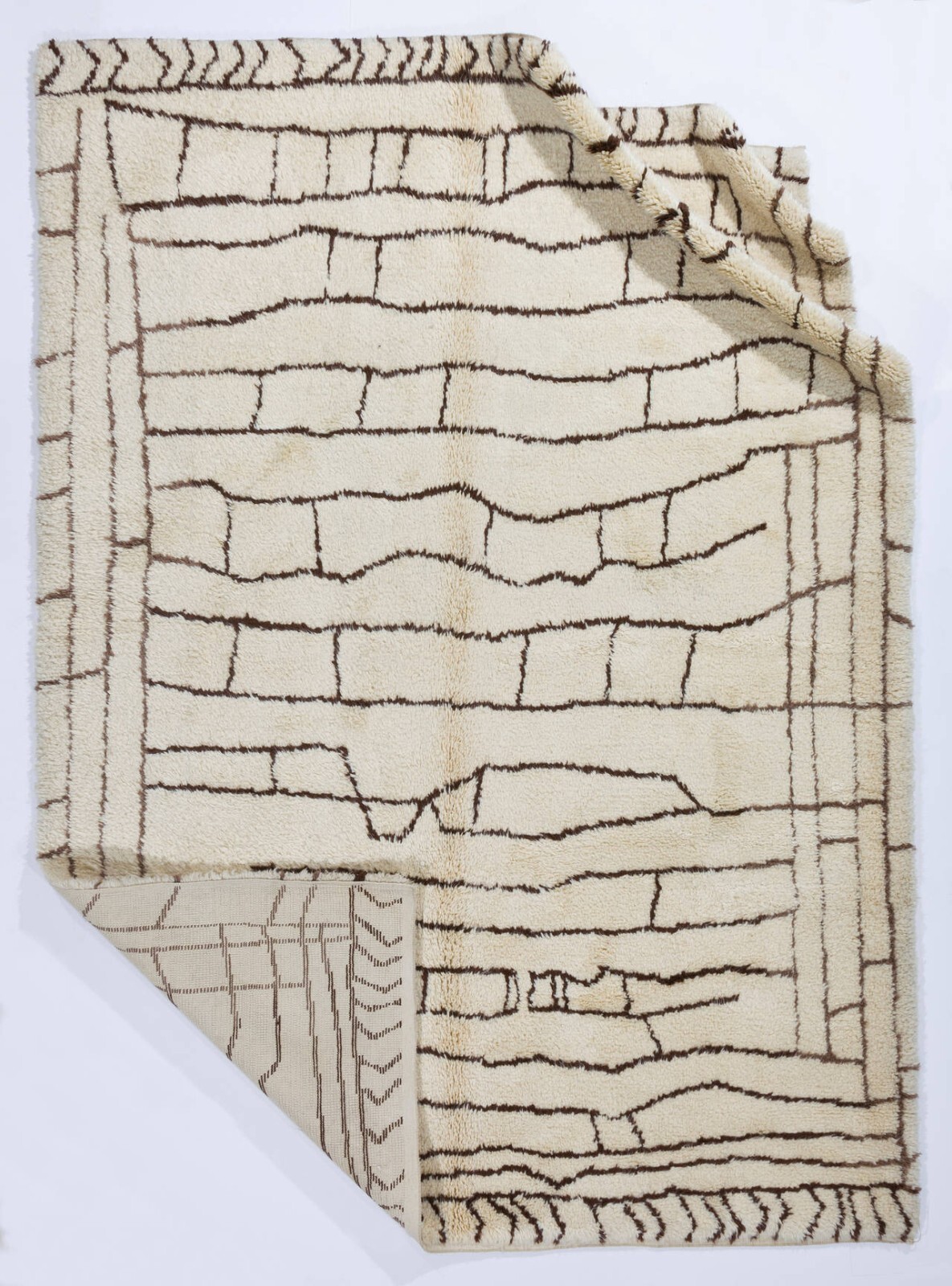 Modern Hand Knotted Moroccan Shaggy Rug Made of Natural Ivory and Brown Wool