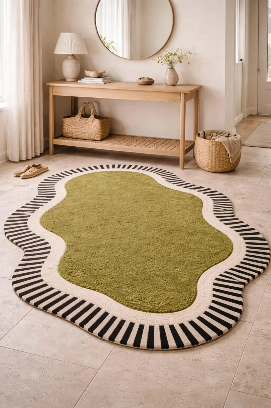 Organic Shape Nursery Rug, Olive Green Hand Tufted New Zealand Wool Carpet Rug