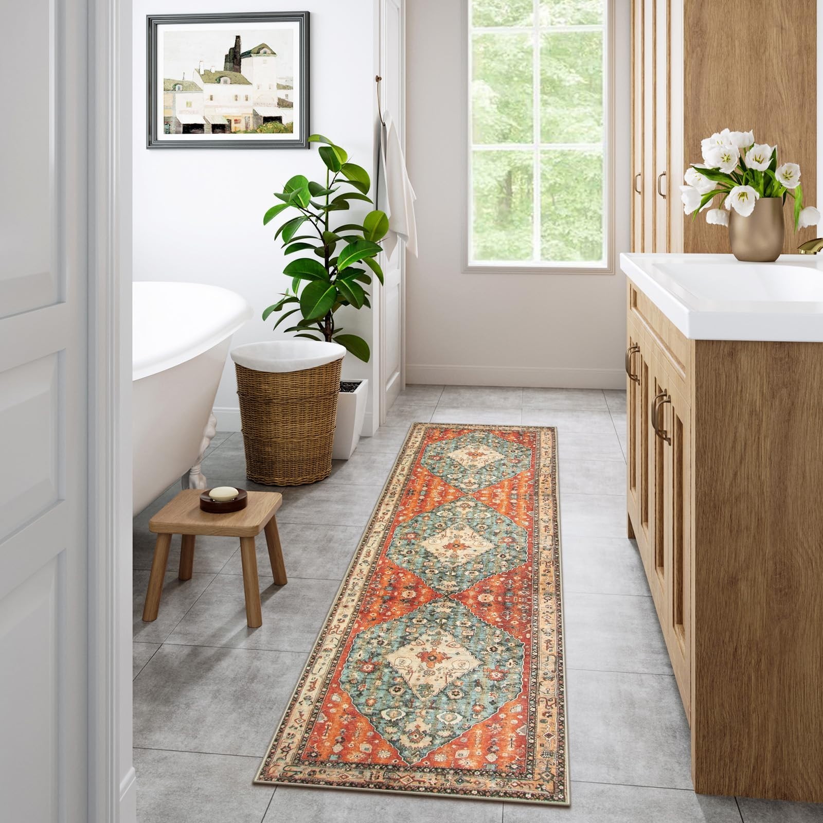 Boho Tribal 2×8 Washable Kitchen Runner Rug – Soft Non-Slip Vintage Carpet for E