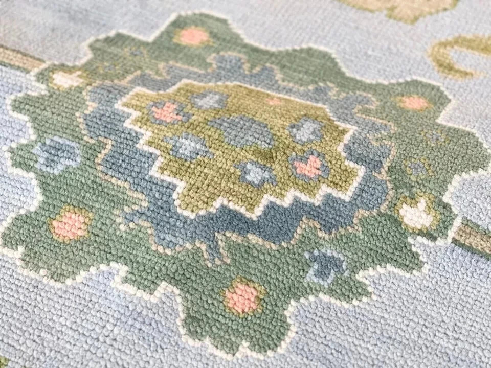 Green Blue Hand Knotted Oushak Rug Turkish Wool Area Carpet For Living Room 8×10