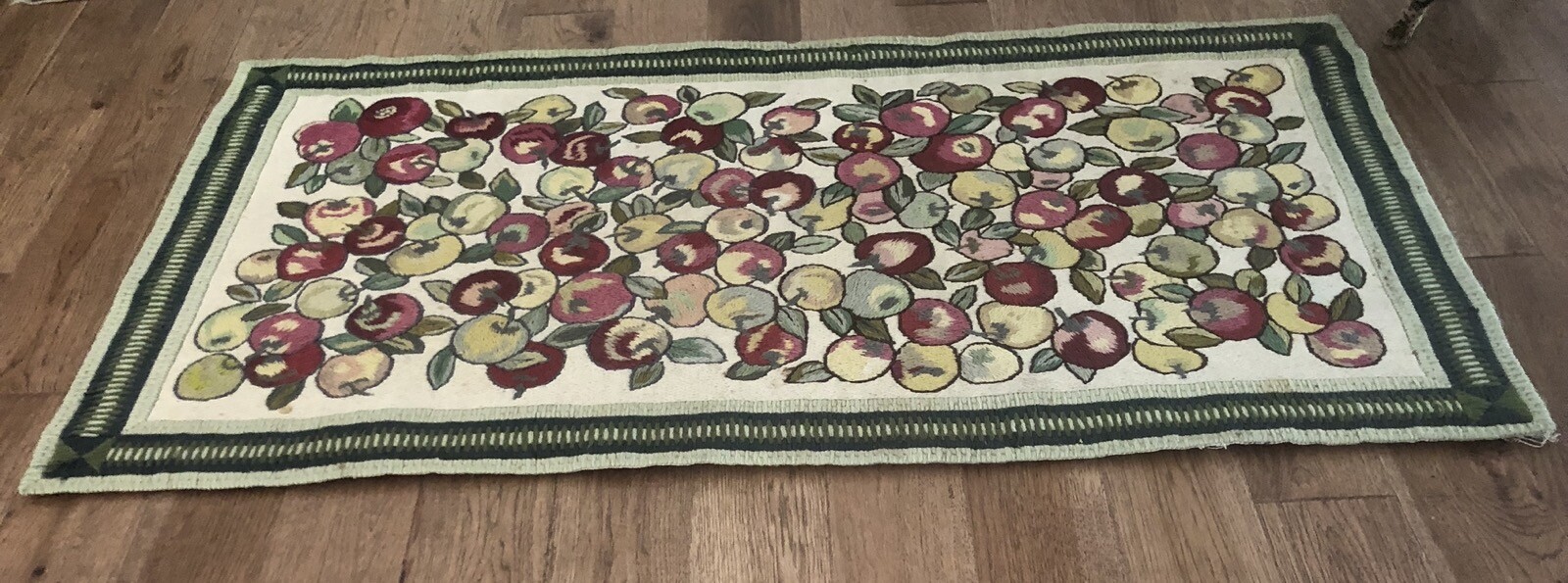 Vintage Hand Made Embroidered Needlework Rug with Fruits Field and Green Border