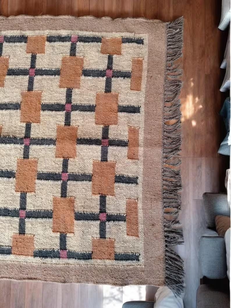 Handwoven Wool Jute Kilim Rug: Bohemian Flatweave Dhurrie 5×8 ft, Custom Size