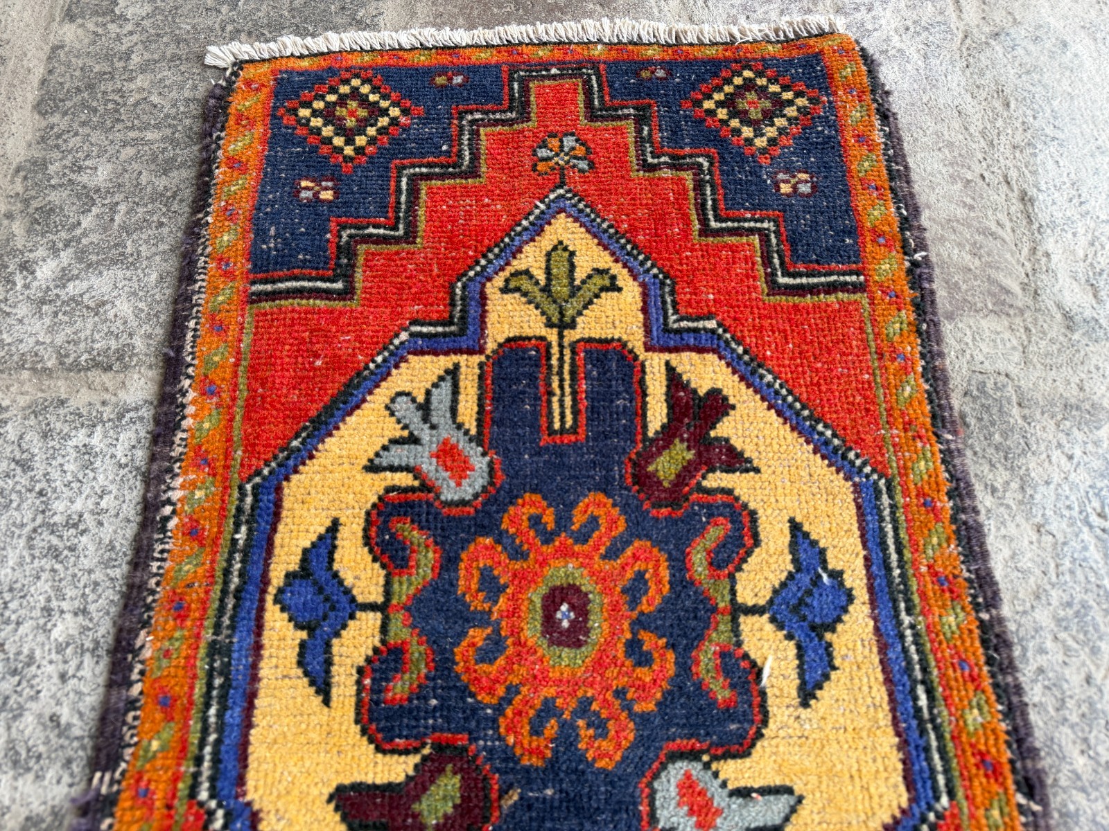 Vintage Turkish Oushak Rug 1.9×3.7 ft Red Navy Boho Hand Knotted Wool Rug