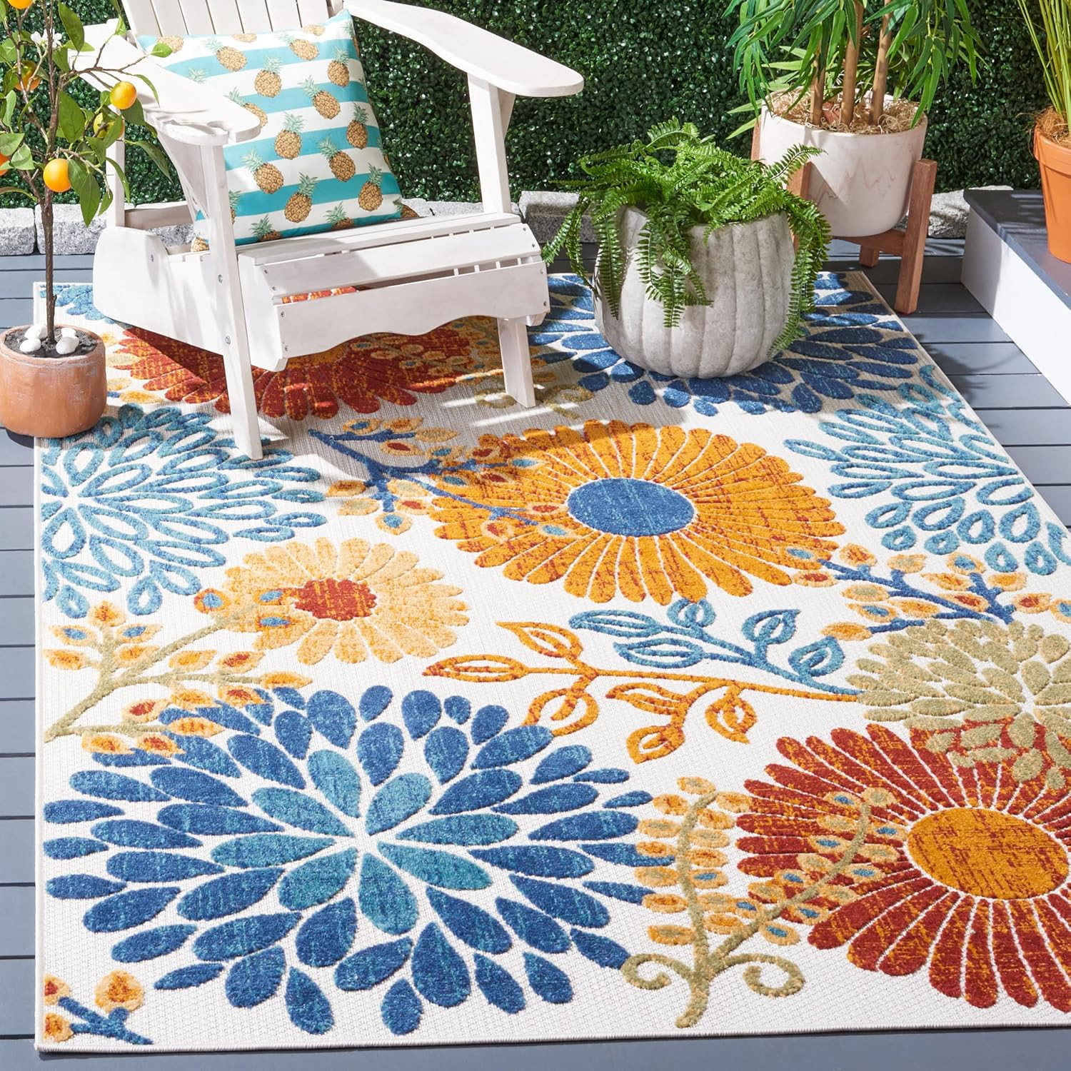 Washable Rug Outdoor Cabana Collection – 4′ X 6′, Cream & Red, Non-Shedding & Ea