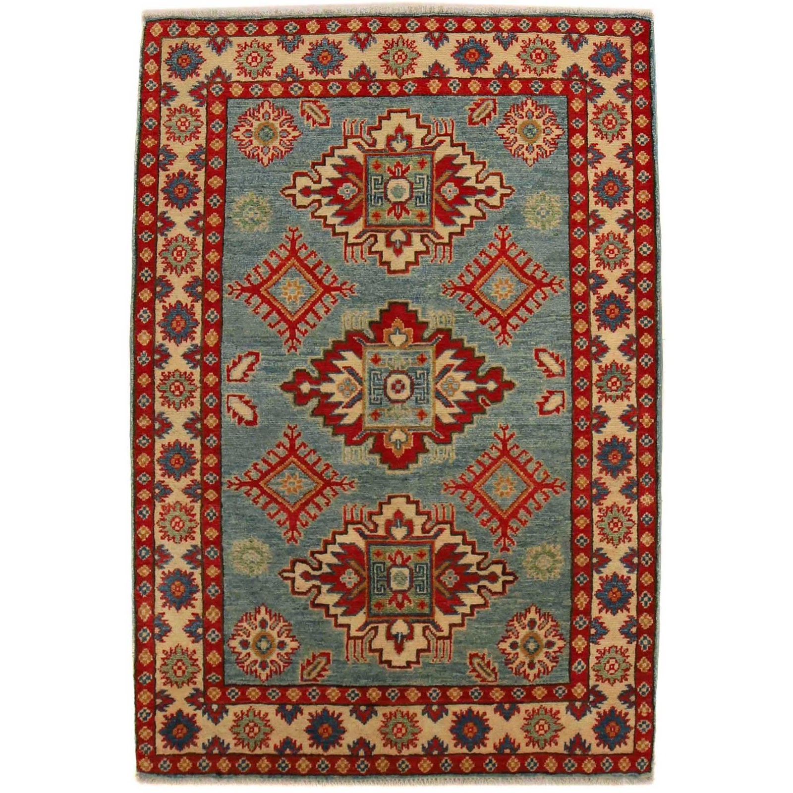 Hand-Knotted Customary Kazak Area Rug Oriental Afghan Carpet (3’4×4’10ft) B34665