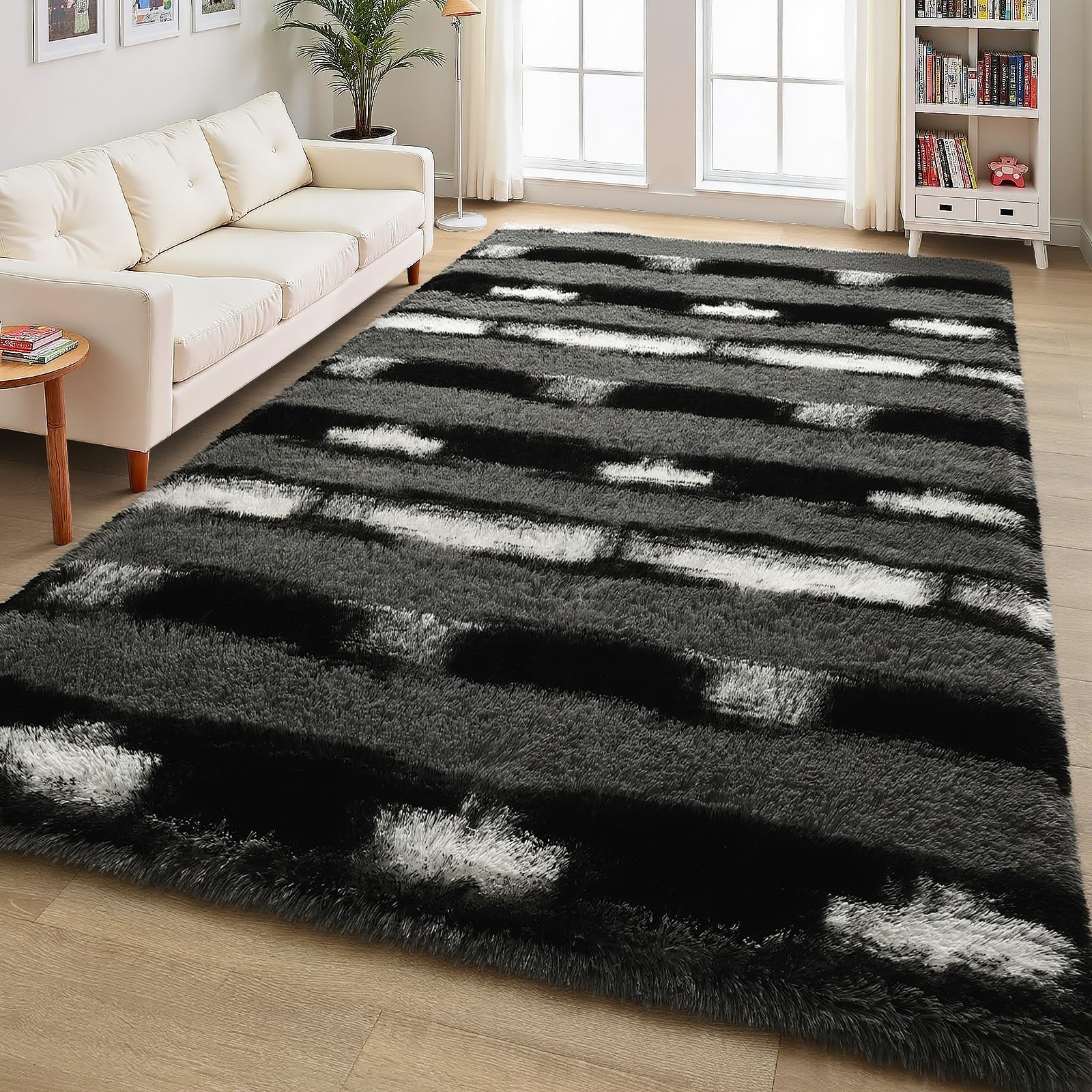 Fluffy Area Rugs for Bedroom Living Room, 4X6 Black and Grey Soft Plush Striped