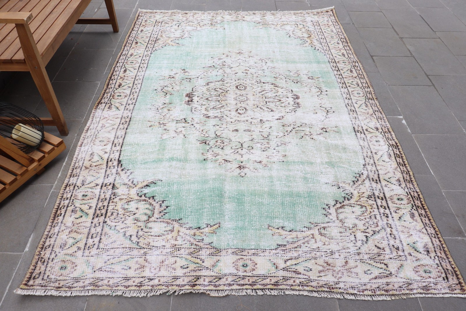 5,5×8 ft Large Turkish Rug, Vintage Rug, Green White Ombré Wool Rug