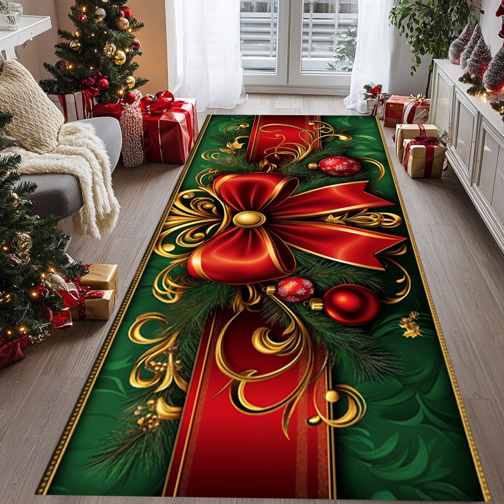 Christmas Runner Rug, Holiday Ribbon Decor,New Year Hallway Rug, Christmas Rug,