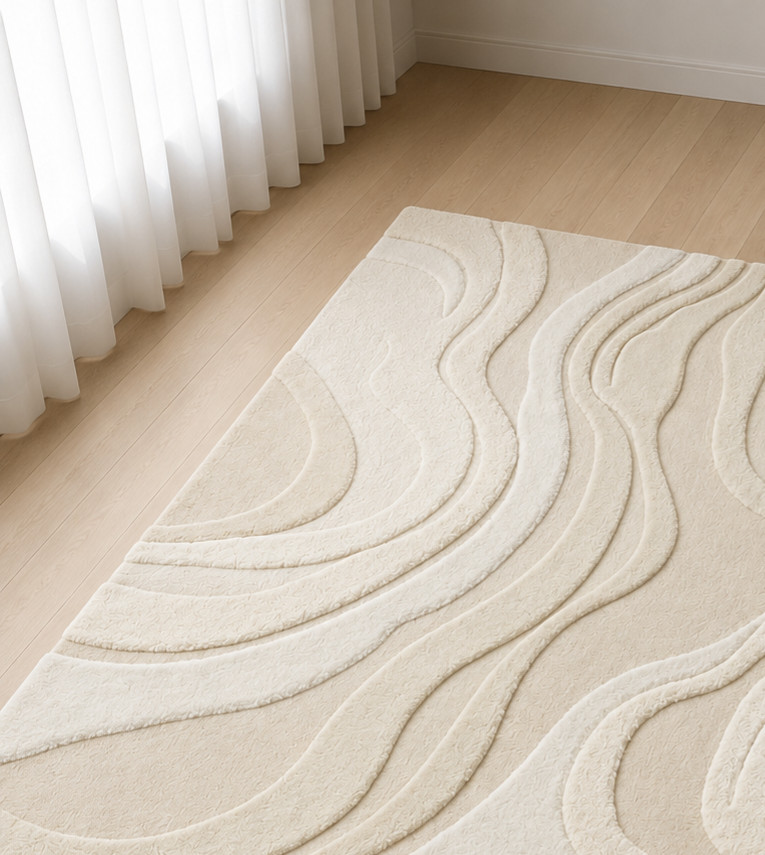 Hand Tufted Wool Rug Cream Beige Contemporary 3D Carved Carpet