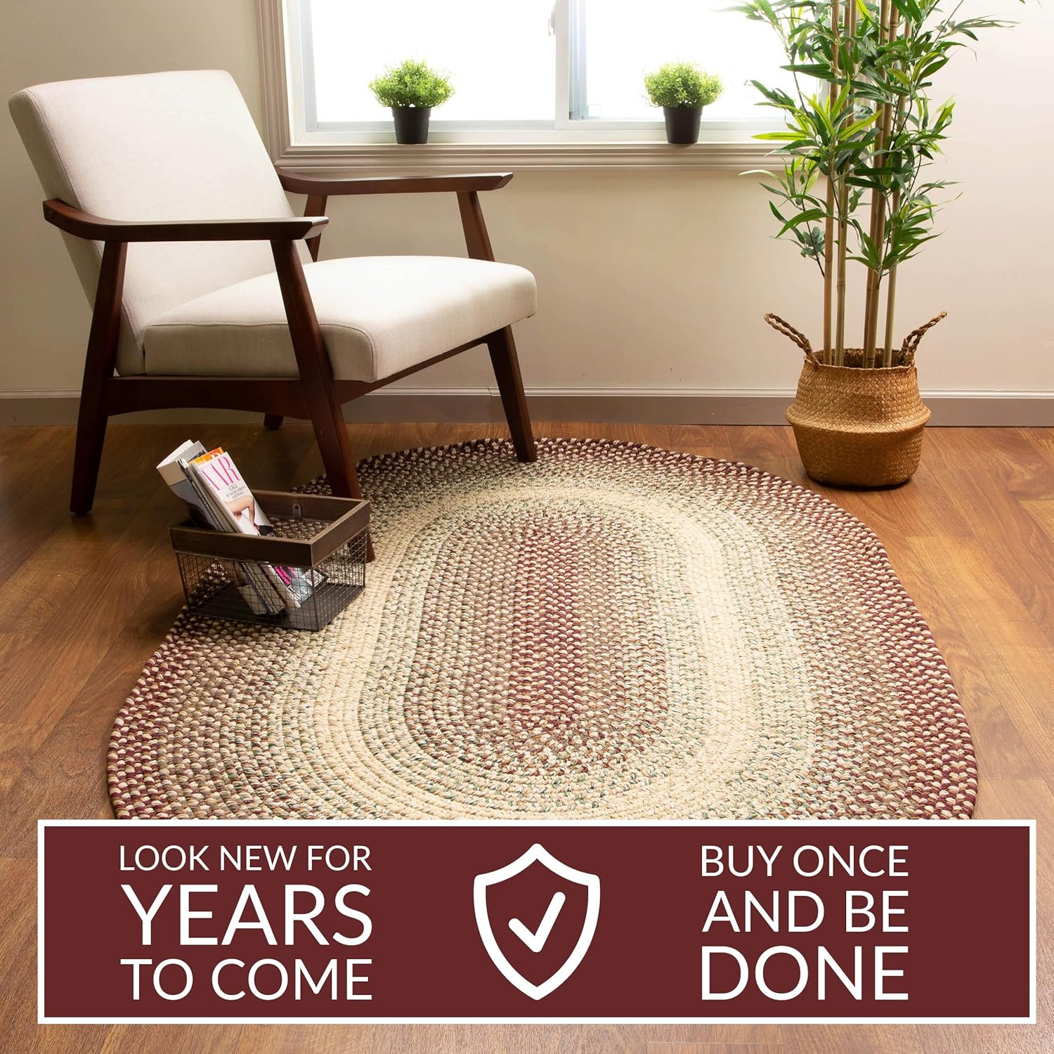 Reversible Burgundy/Beige Braided Rug – 2′ X 4′ Oval Runner, Made in USA