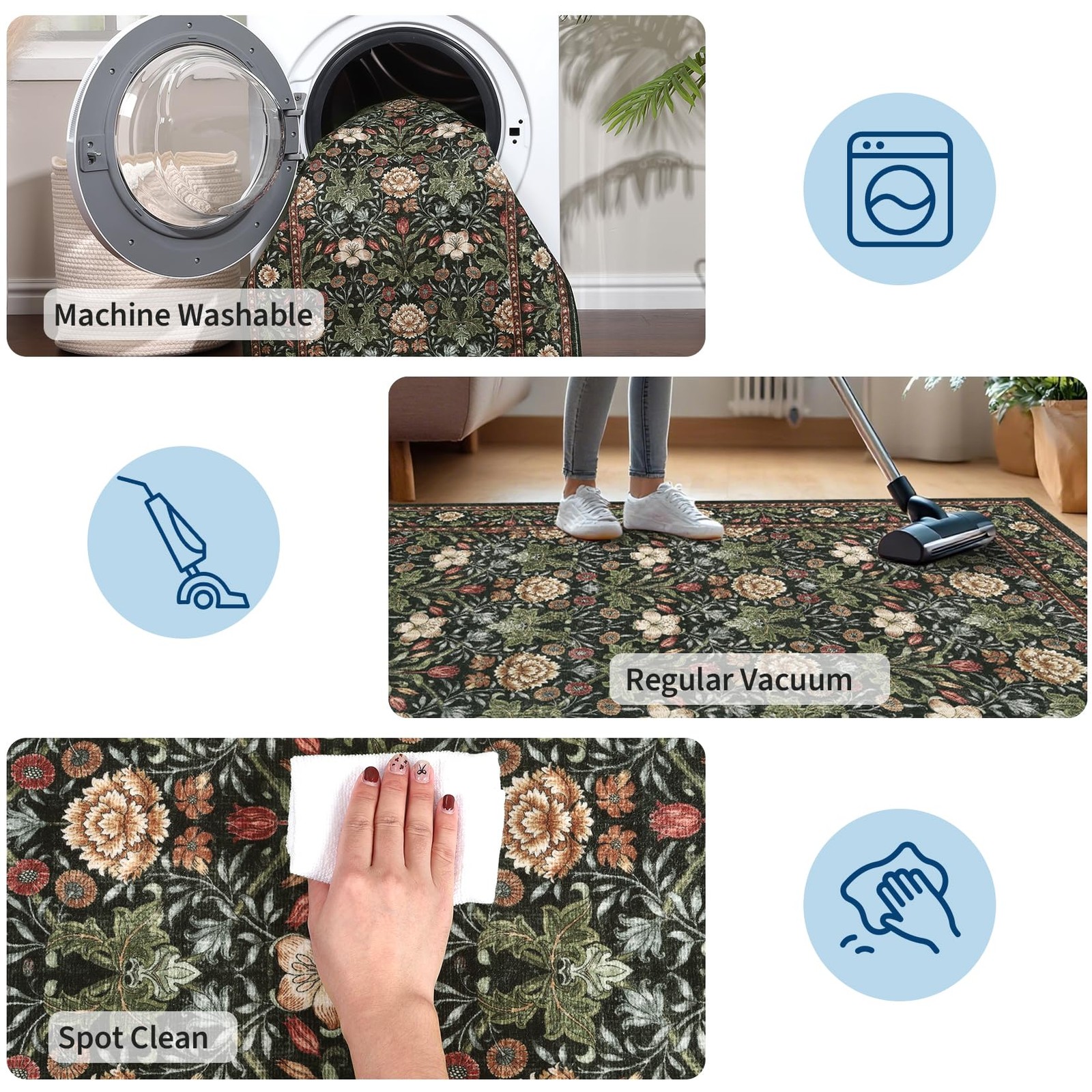 GarveeHome Green Washable Area Rug 5×7, Retro Floral Low Pile Non Slip Living