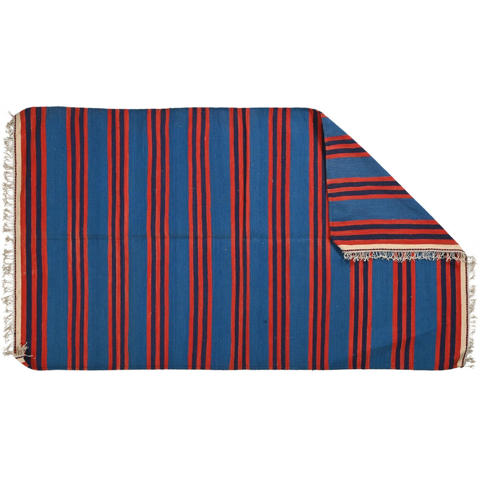 Handmade Punjabi Dhurrie Rug 3.6×6.6 Blue Red Cotton Kilim Reversible Area Rug