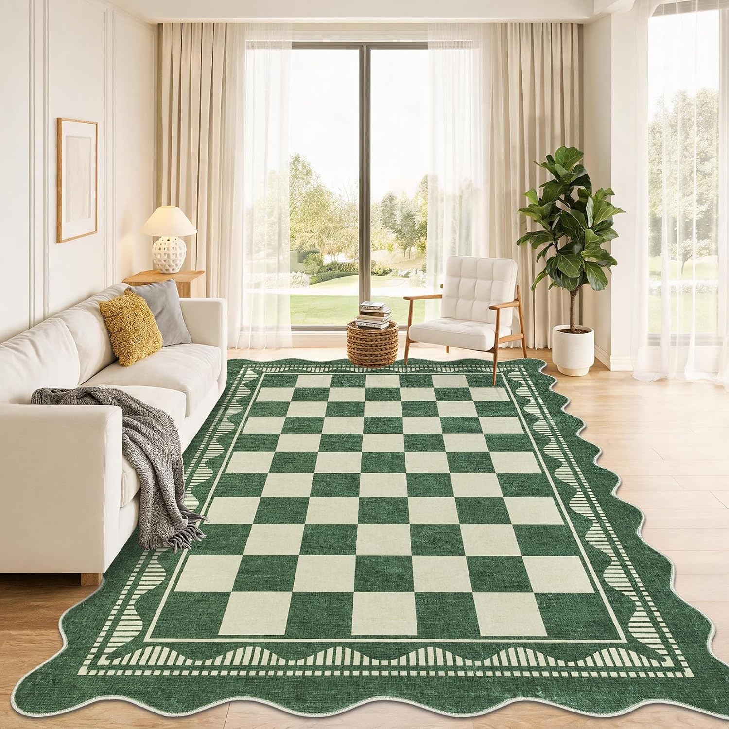 Scalloped Checkered Black Coffee Washable Area Rug Living Dining Bedroom Nursery