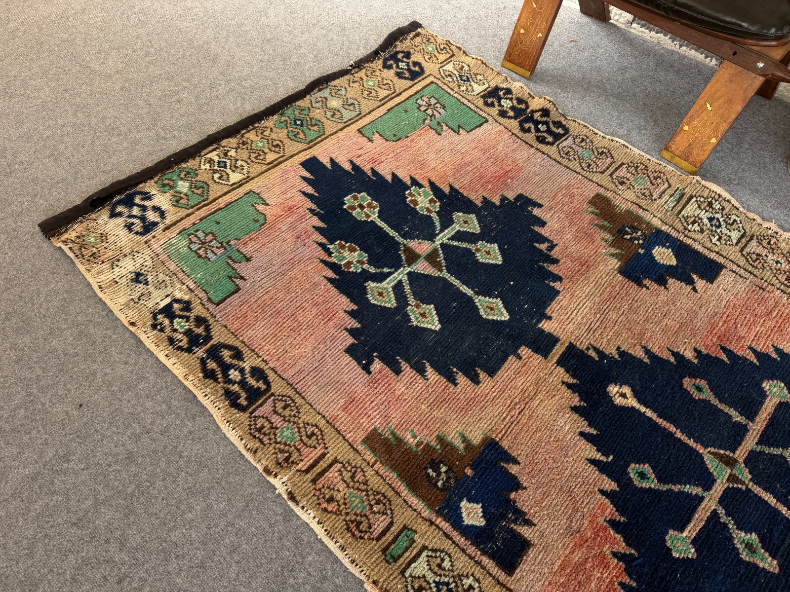 Vintage Turkish Oushak Rug 3×5 Ft, Handmade Anatolian Wool Rug Blue Boho Accent