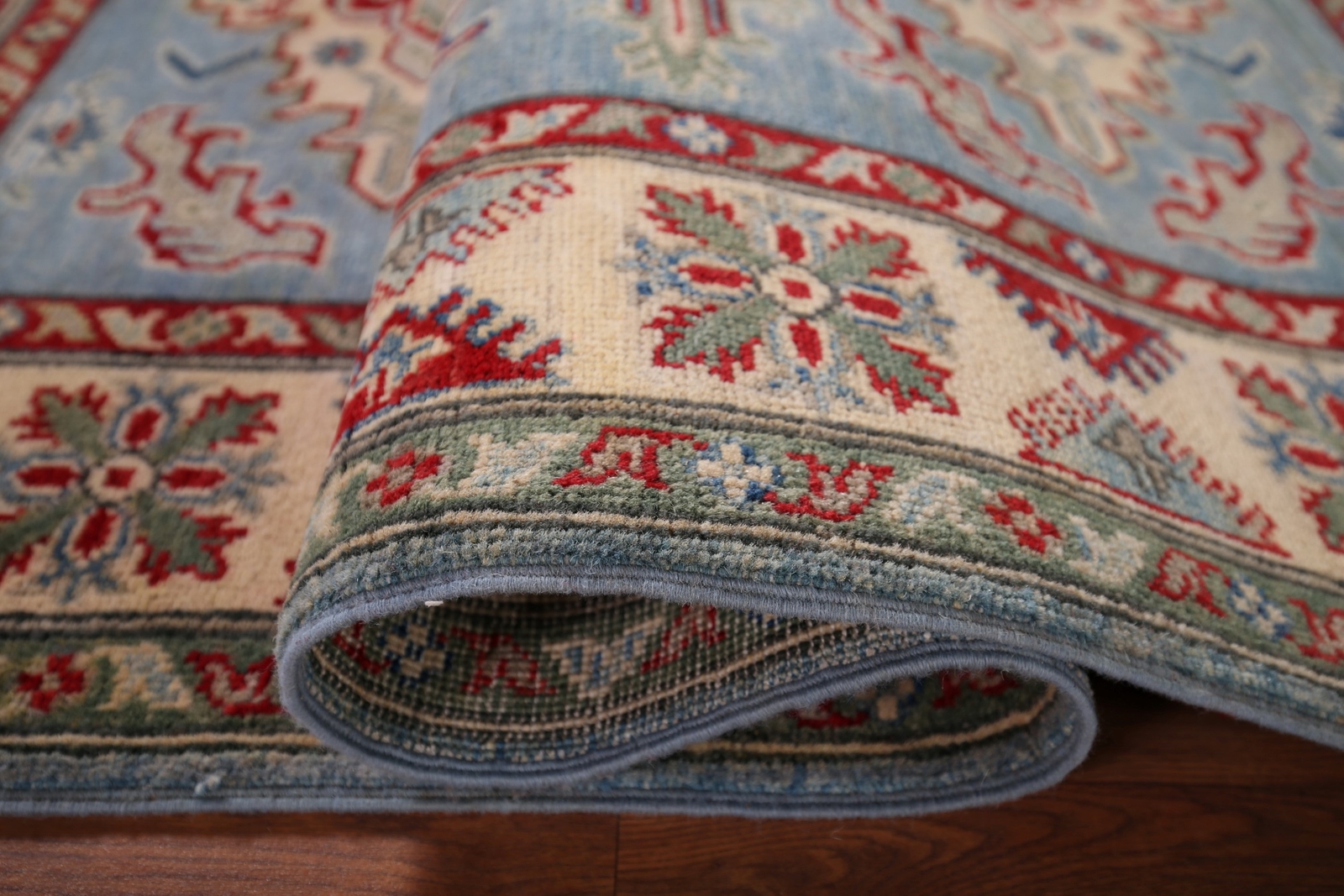 Vibrant Color Geometric Kazak Pakistani Traditional Rug Blue/ Ivory 4×6 ft