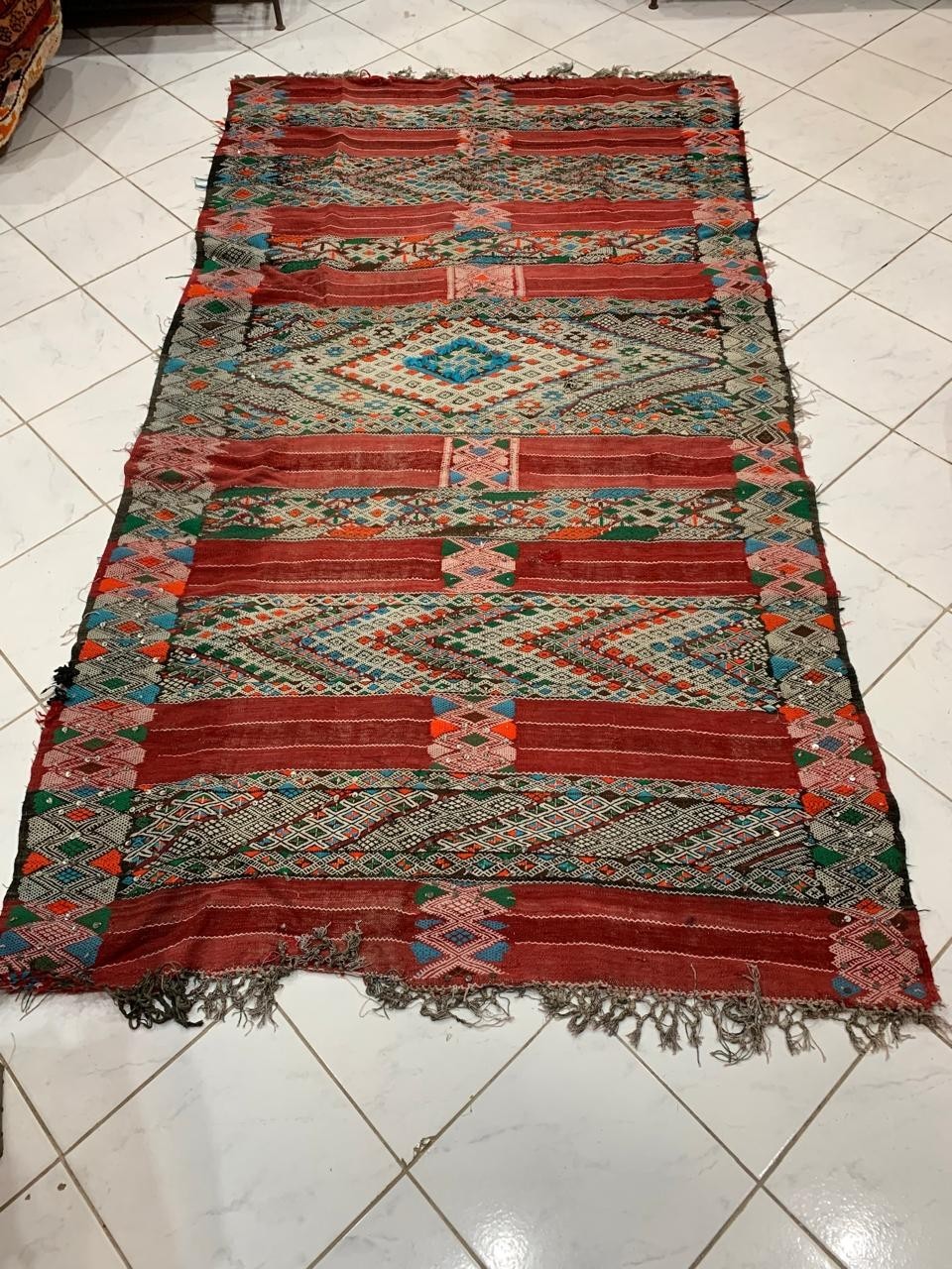 55.5 × 1’ Vintage Moroccan Berber Wool Rug Handmade Multicolor Geometric Sequins