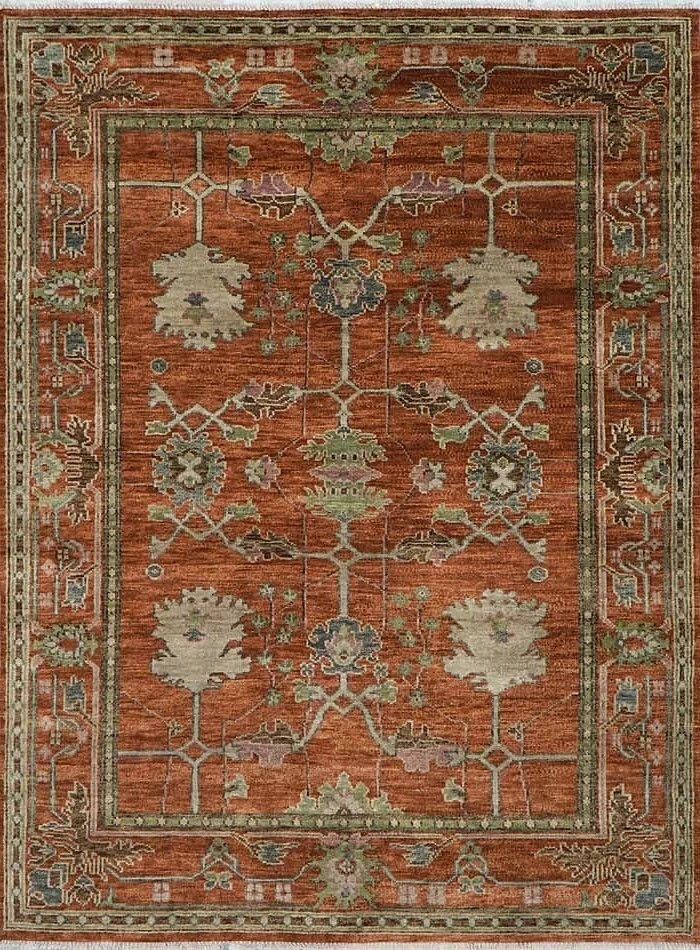 Hand Knotted Oushak Rug Rust Red Green Wool Area Carpet Turkish Vintage
