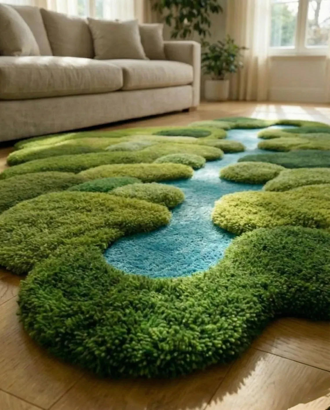 3D Moss River Rug Hand Tufted Wool Area Nature Landscape Irregular Area Carpet