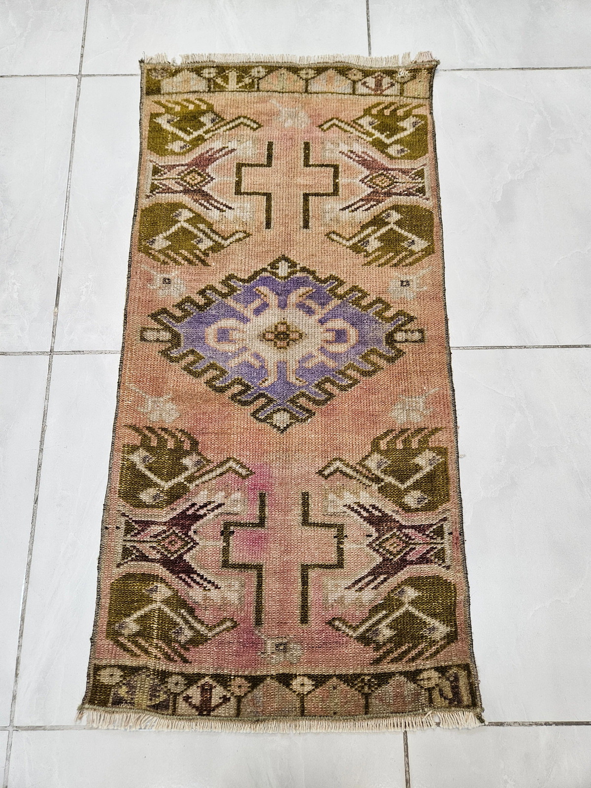 Small Green Turkish Rug, Vintage Bath Mat (1.5 x 3 ft)