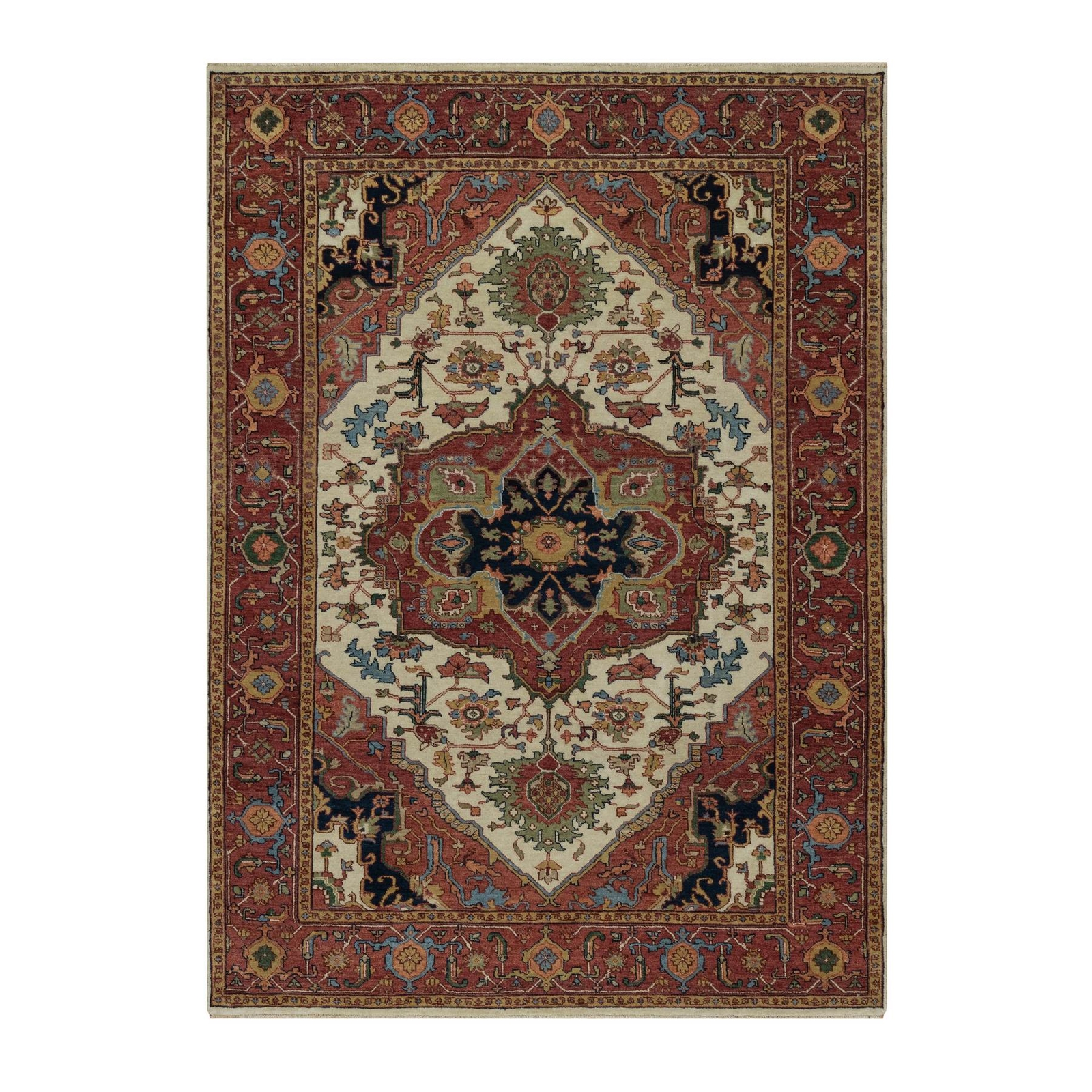 5’1″x7’2″ Ivory Antiqued Heriz Re-Creation Hand Knotted Soft Wool Rug R91395