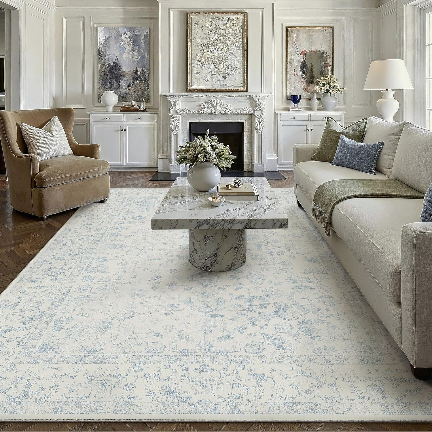Vintage Blue Area Rug 8×10 Non-Slip Machine Washable for Living Room & Bedroom