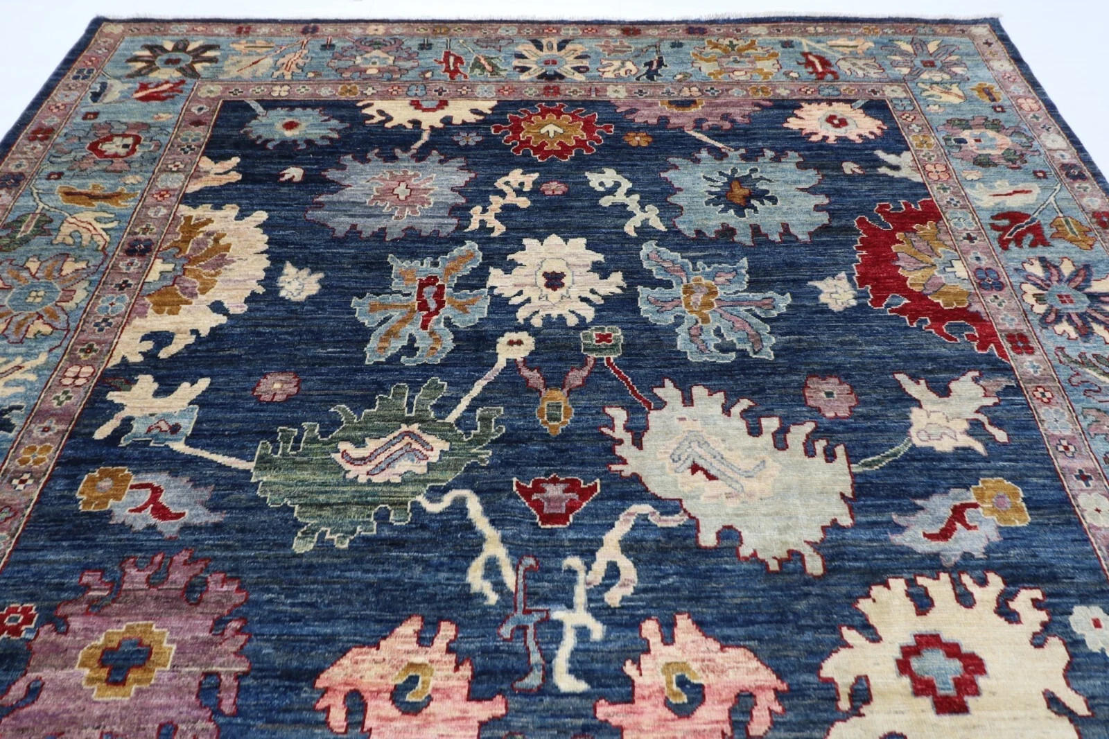 Hand Knotted Oushak Wool Rug Navy Blue Floral Turkish Style Area Carpet 8×10