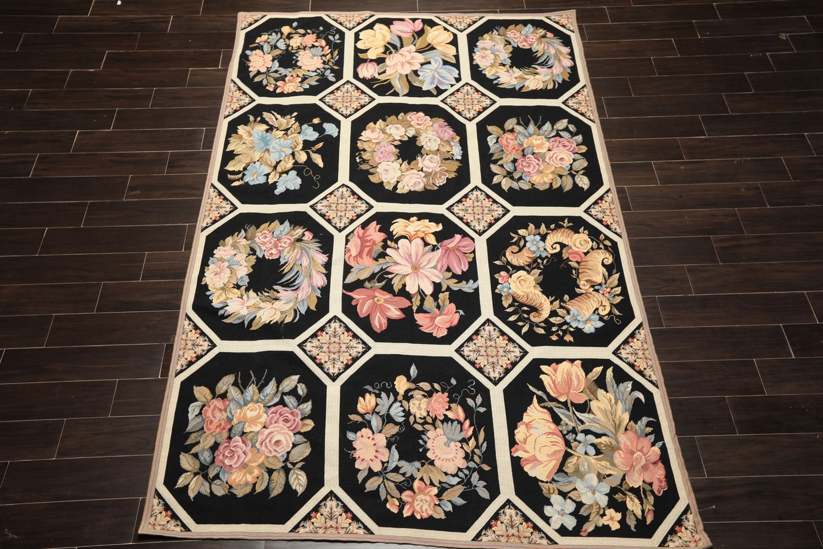 6×9 Hand Woven Wool Black French Aubusson Needlepoint Octagonal Panel Design Rug