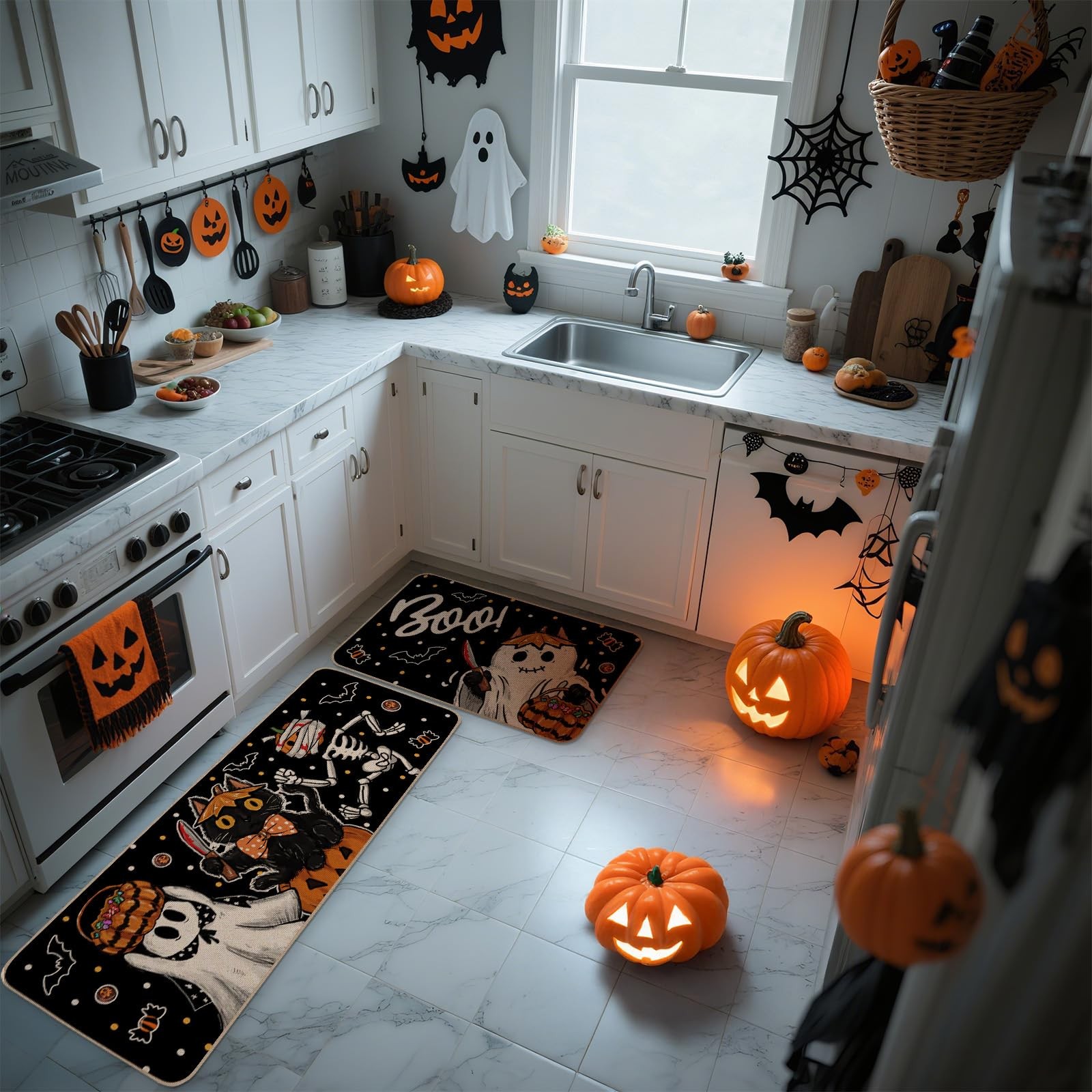 Boo Black Cat Skeleton Pumpkin Kitchen Rugs Set of 2 17×29&17×47 Inch,