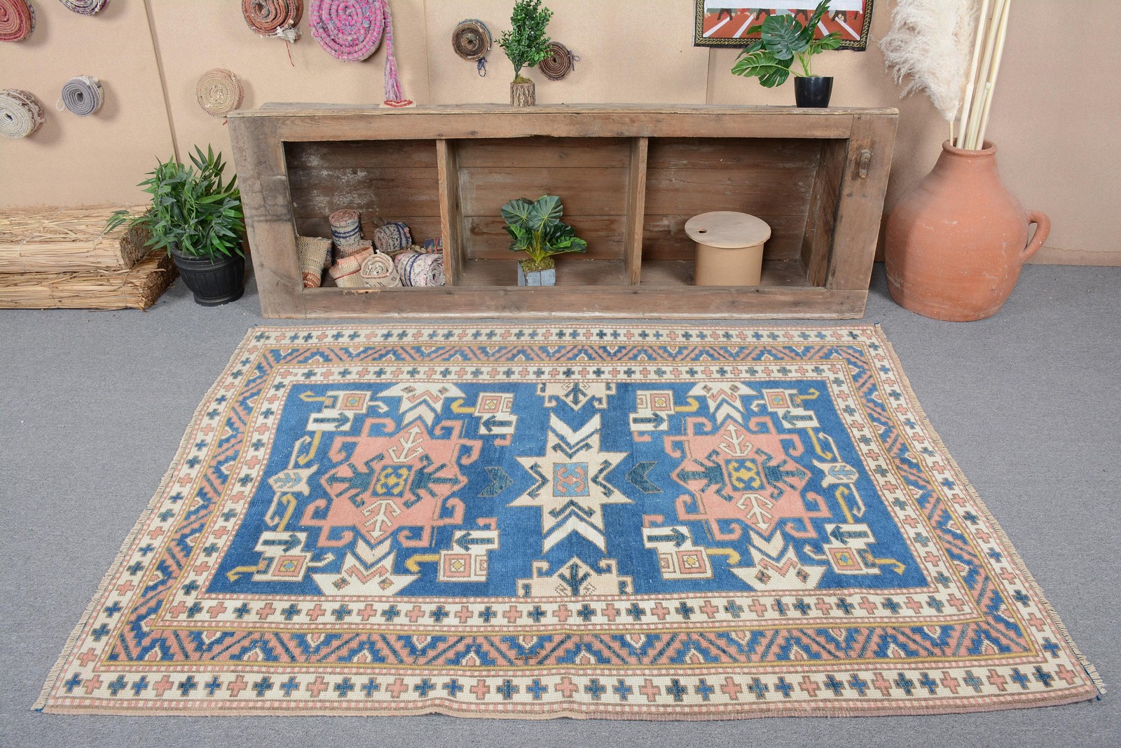 Turkish Vintage Rug 4,6×6,2 ft (140×190 cm), Blue Plants & trees Rug