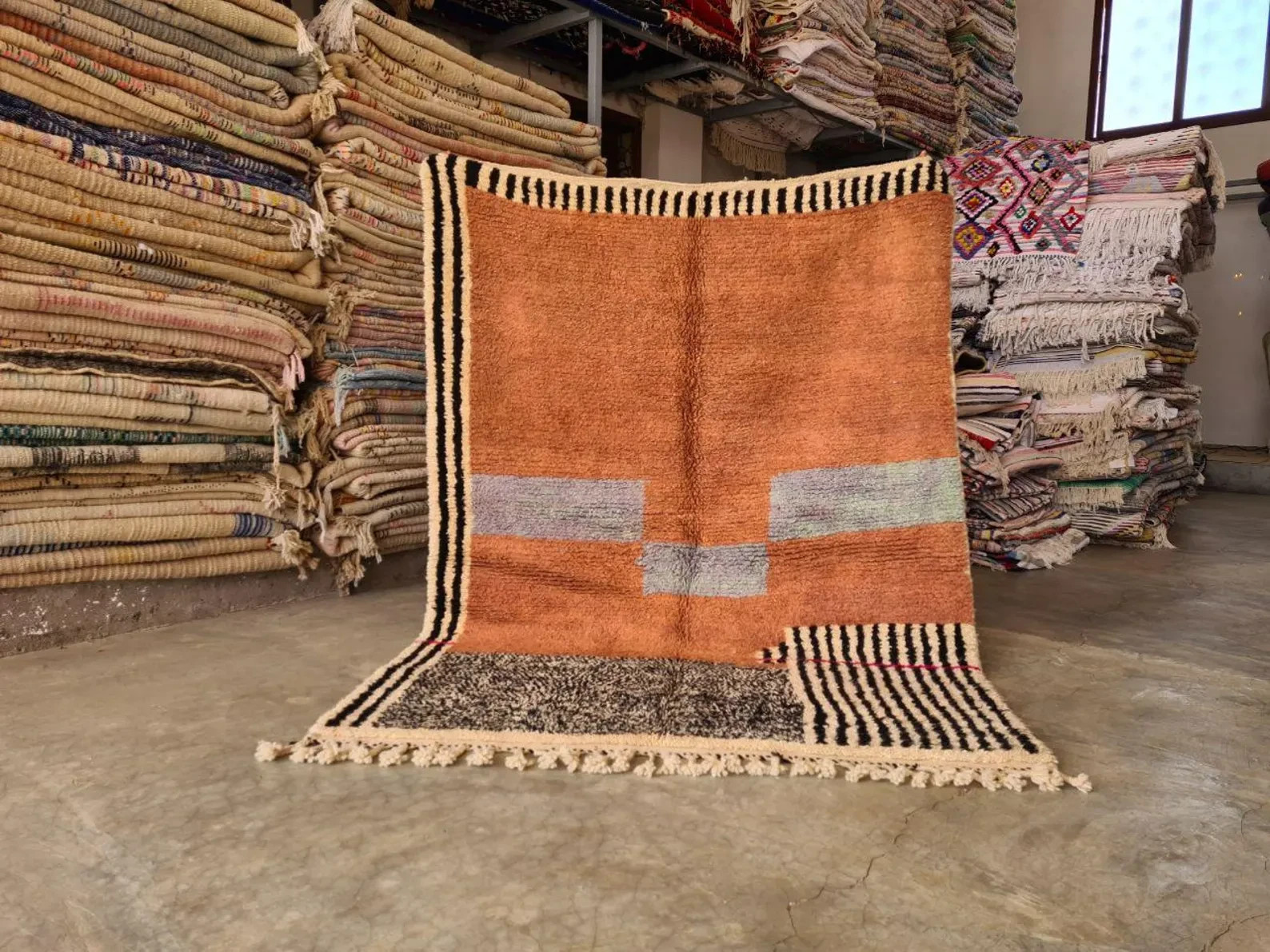 Moroccan Berber Wool Rug Color Orange Multi Handmade Design Luxury Carpet Rug