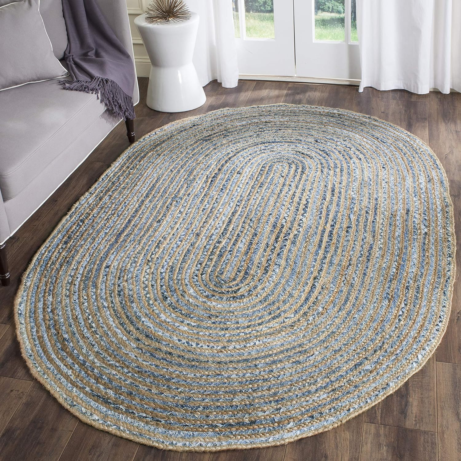 Cape Cod Handmade Jute Area Rug 8′ x 10′ Oval, Natural & Blue for High Traffic