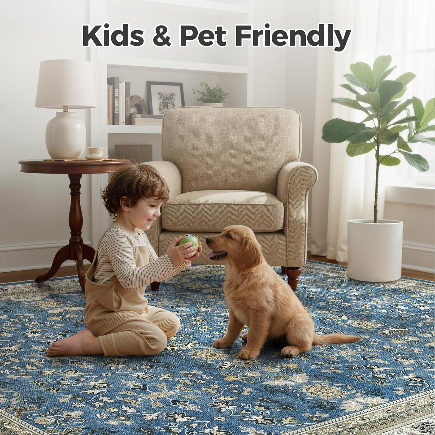 Blue 10×12 Vintage Washable Rug – Soft Boho Distressed for Any Room