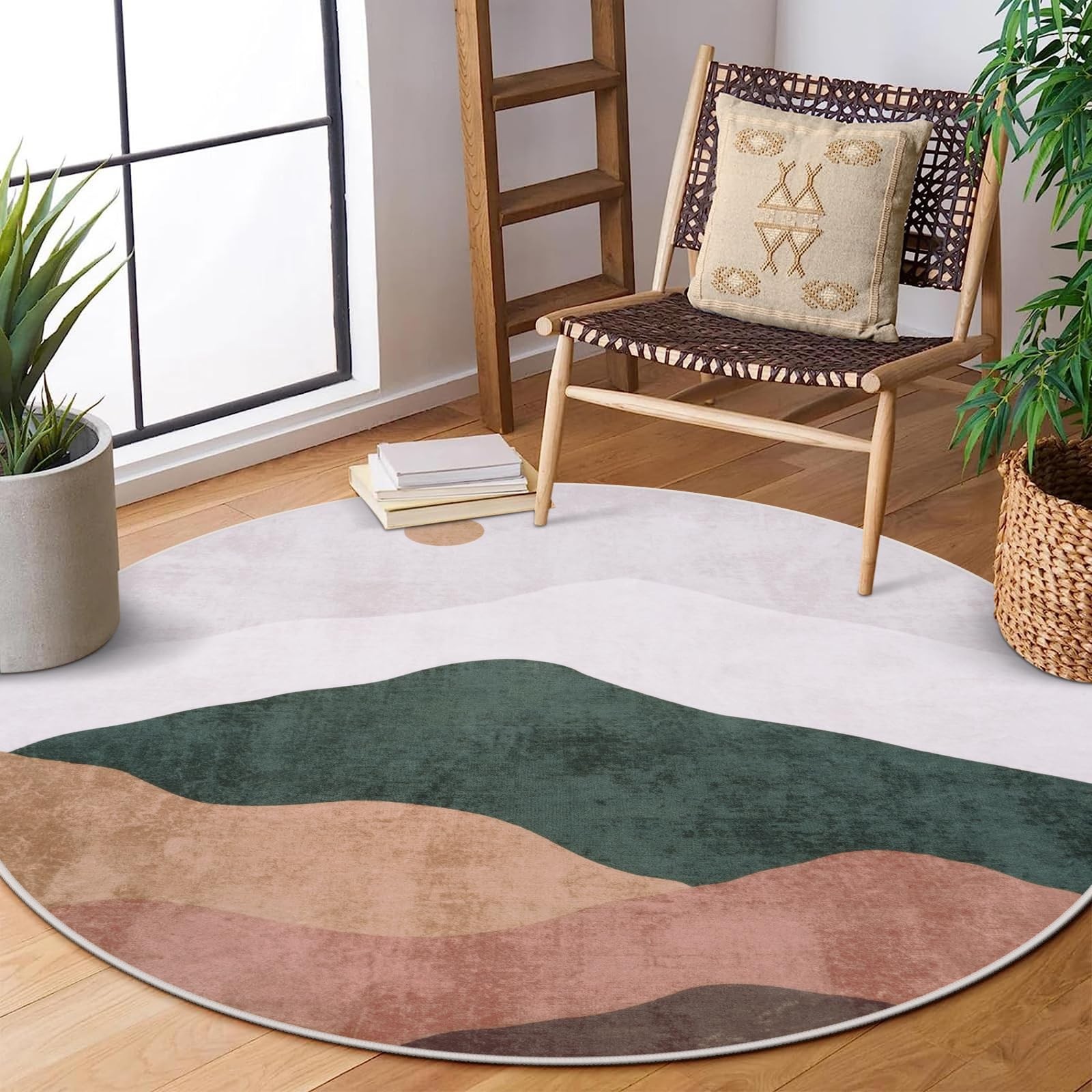 Sungea 6ft Round Grey Mountain Abstract Rug Faux Wool Low-Pile Carpet