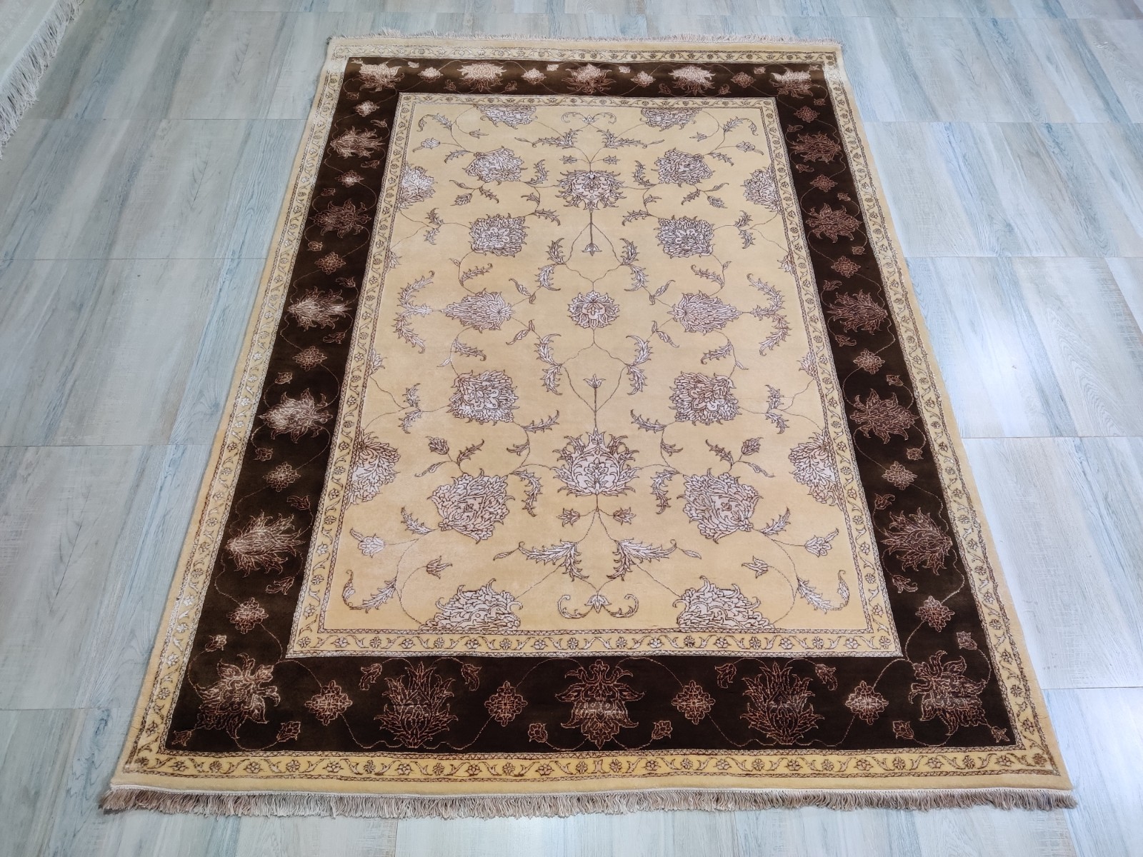 Oriental Hand Knotted Area Rug 6 x 8 ft Pure Wool Viscose Floral 170 x 240 cm