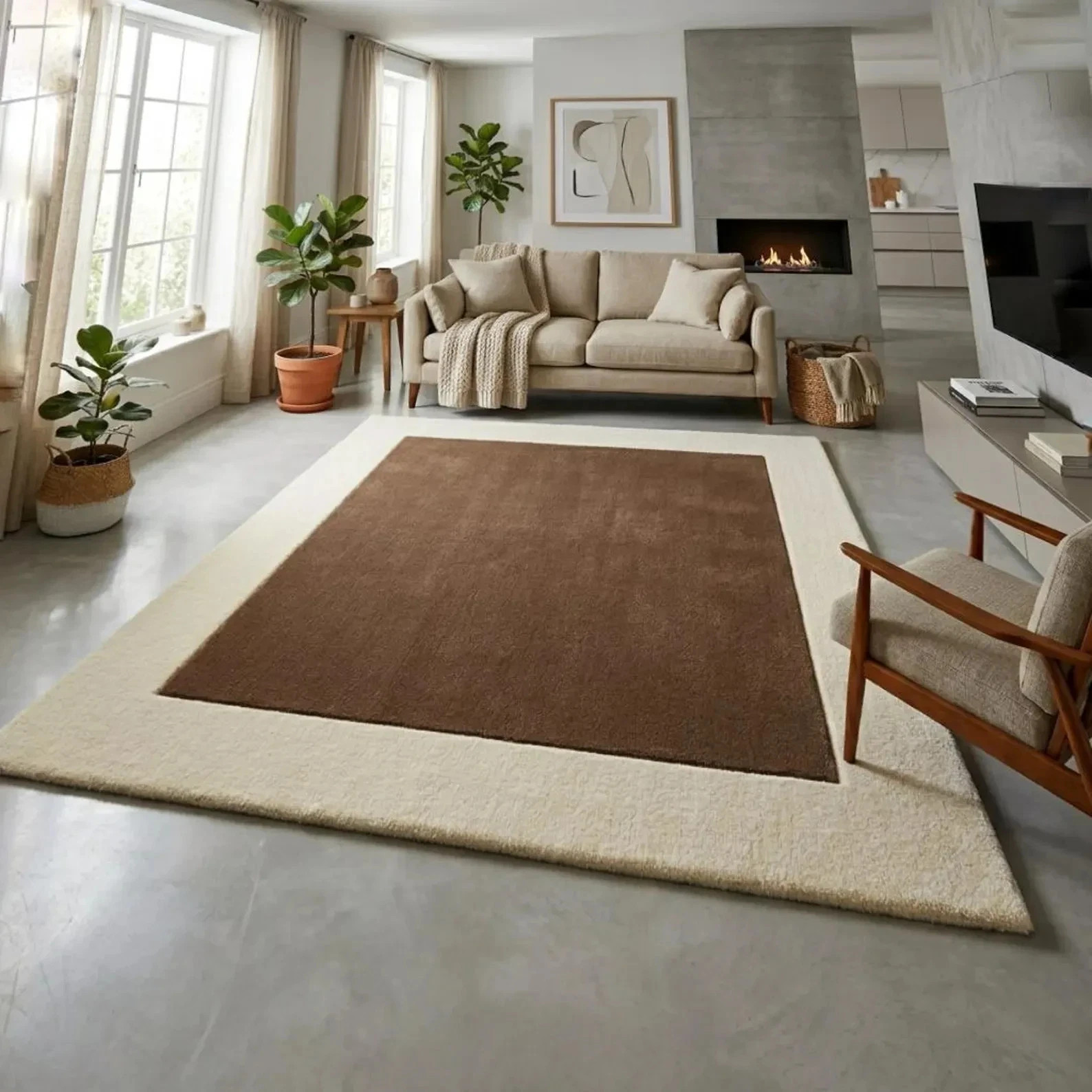 Hand Tufted Wool Rug Brown & Cream Border Modern Minimalist Area Rug 8×10 Carpet