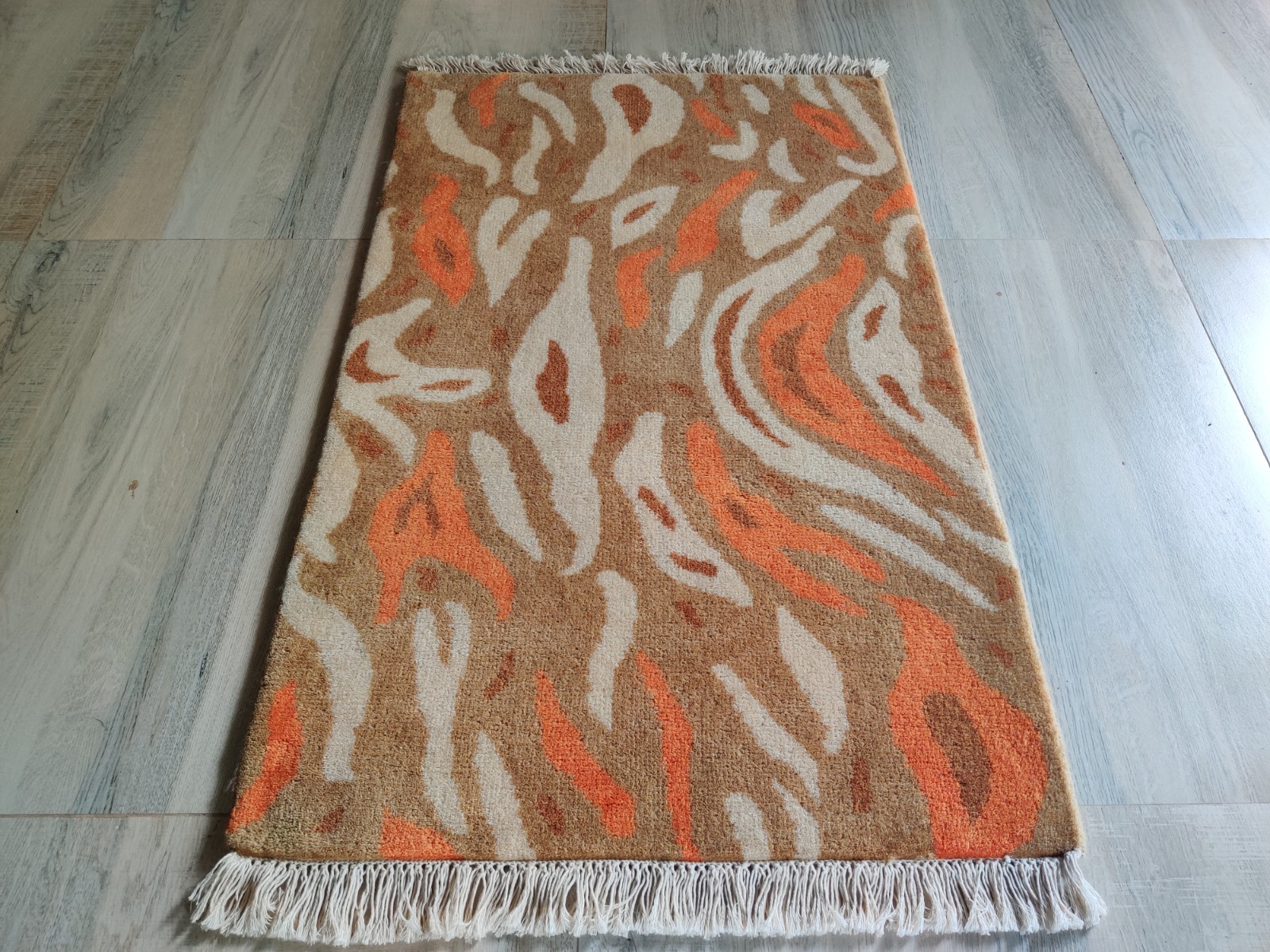 2 x 3 Brown Hand Knotted Rug for Kids Teens 100% Wool Animal Print 60×90 cm